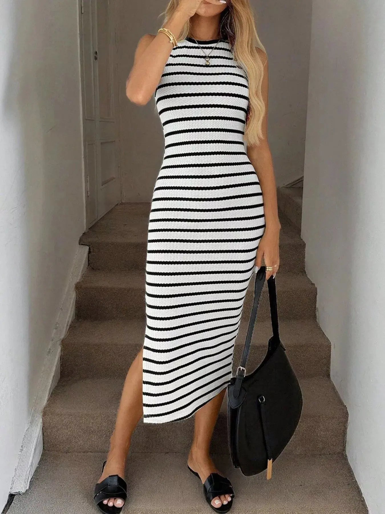 Sleeveless Striped Bodycon Midi Dress With Slit Polyester Elastane Trendsi