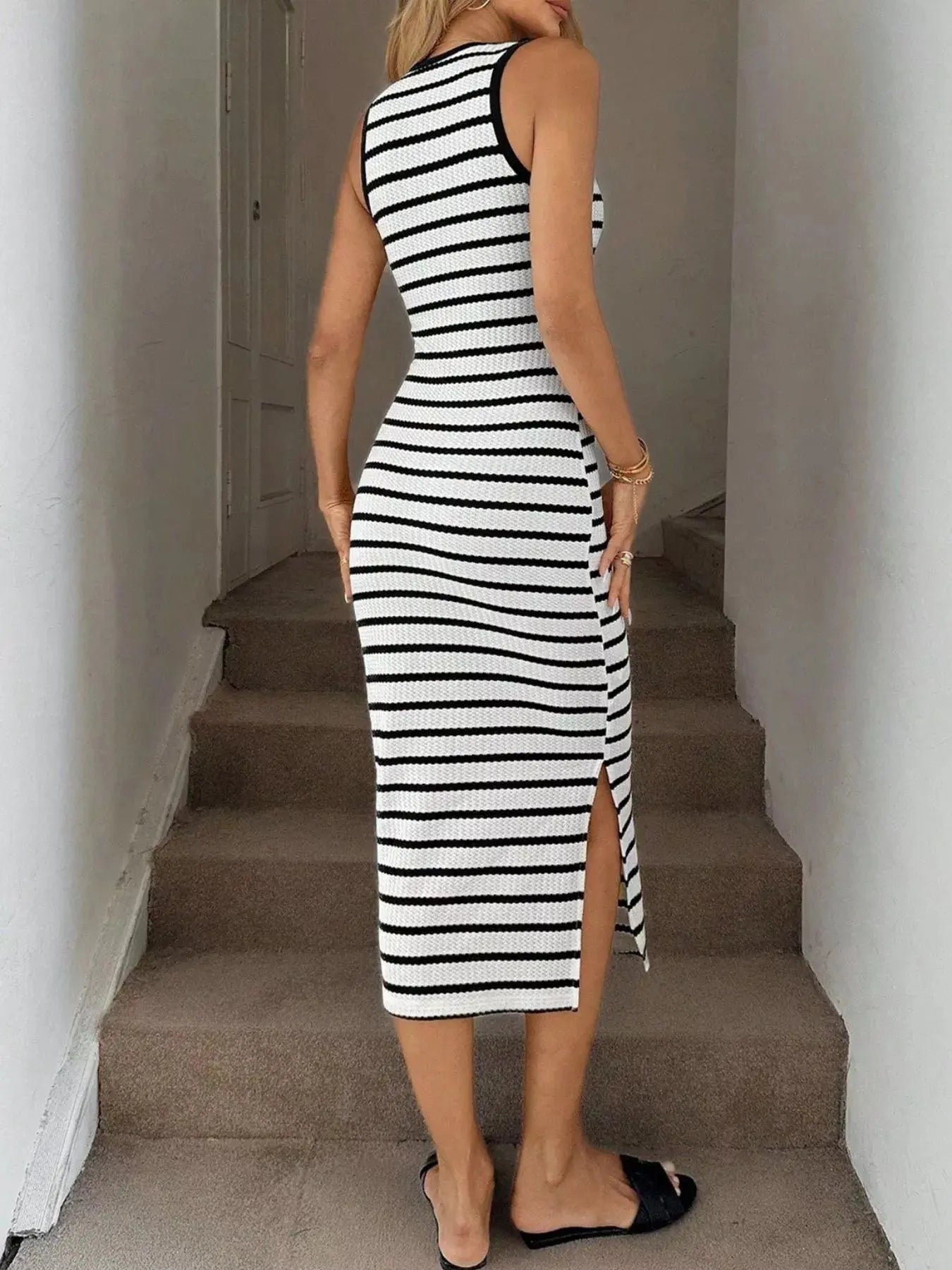 Sleeveless Striped Bodycon Midi Dress With Slit Polyester Elastane Trendsi