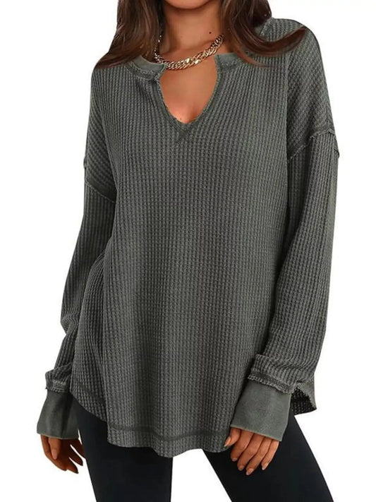 Slit Notched Long Sleeve Waffle Knit T Shirt 100 Polyester Trendsi