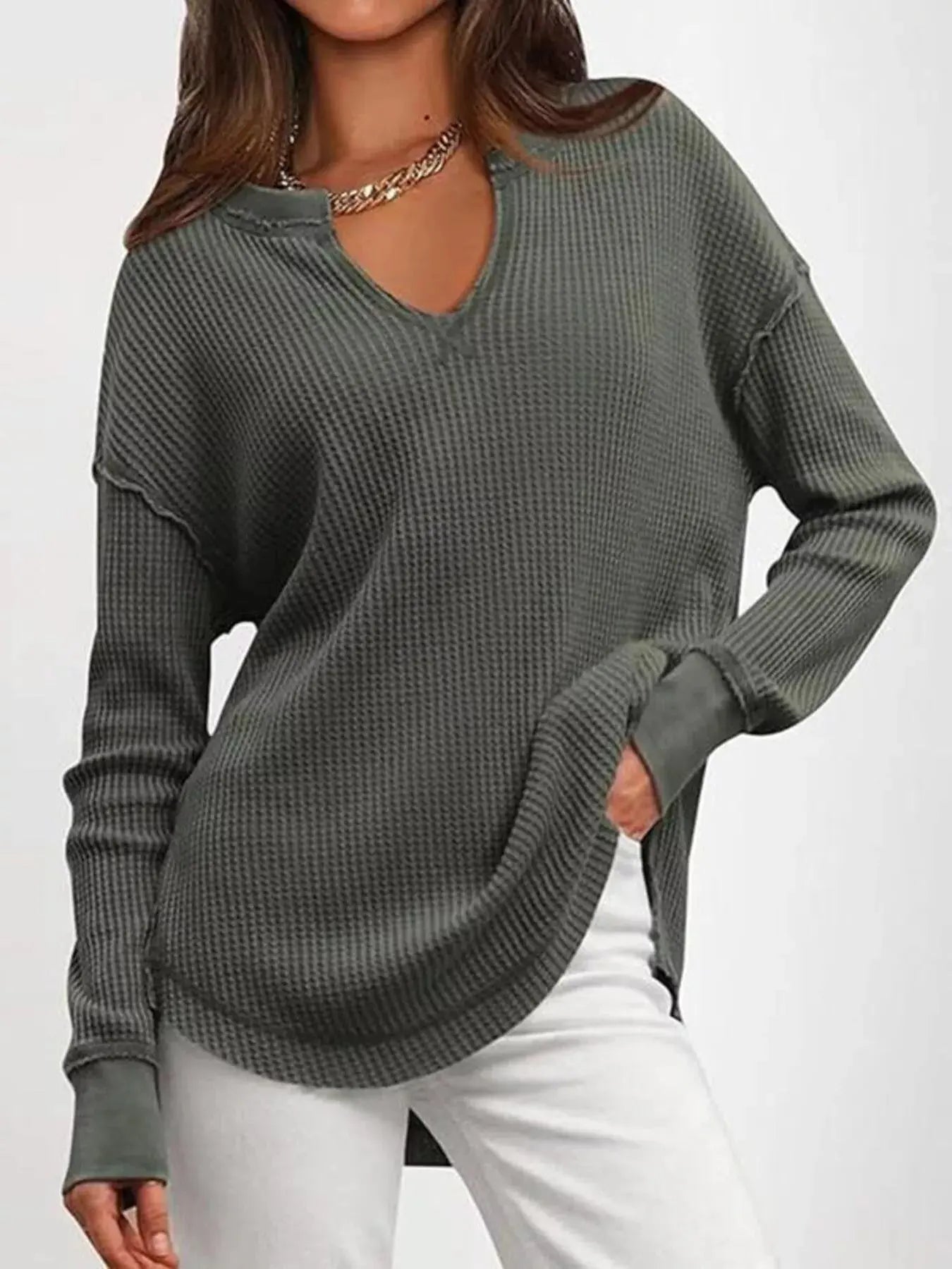 Slit Notched Long Sleeve Waffle Knit T Shirt 100 Polyester Trendsi