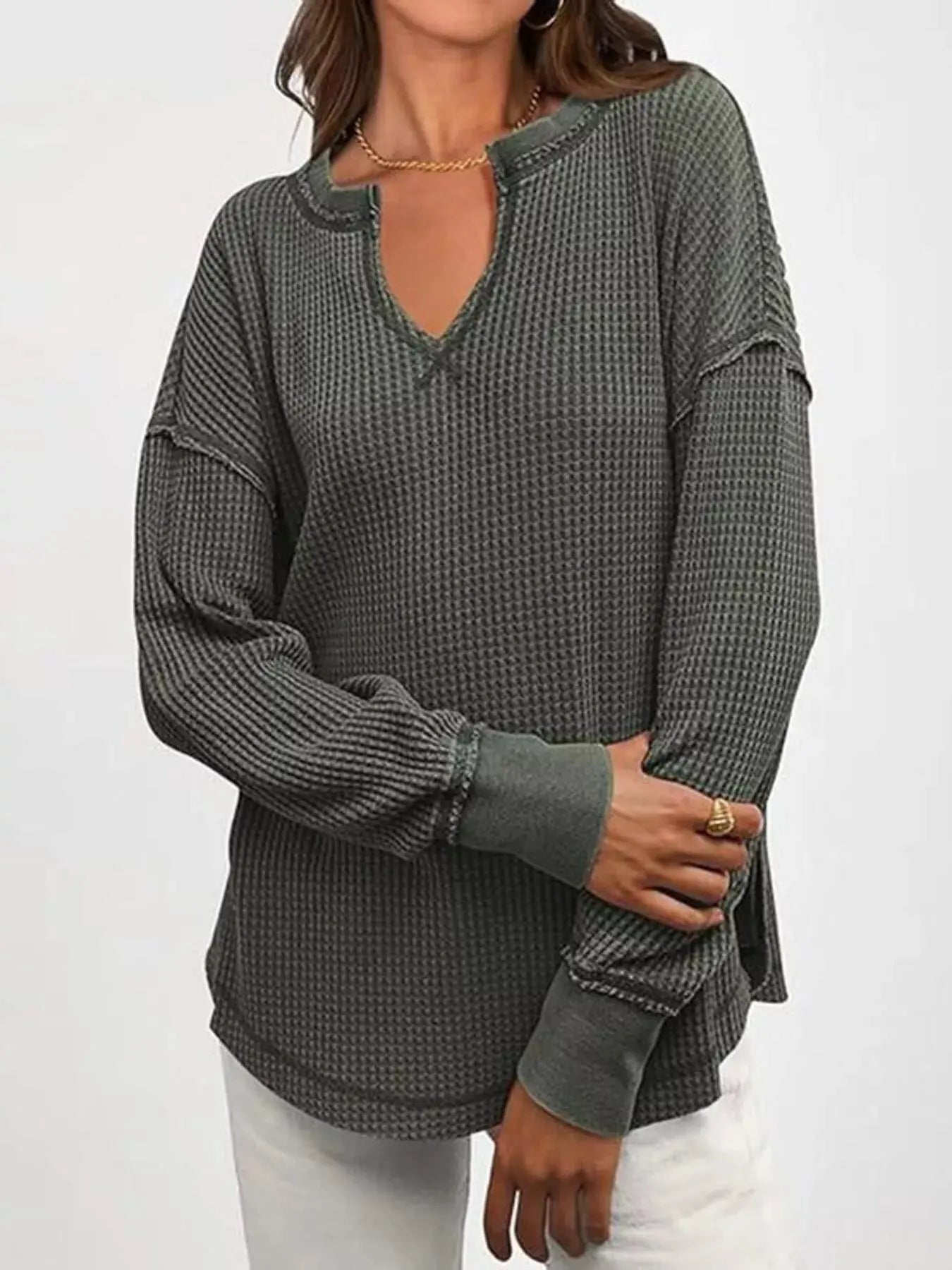 Slit Notched Long Sleeve Waffle Knit T Shirt 100 Polyester Trendsi