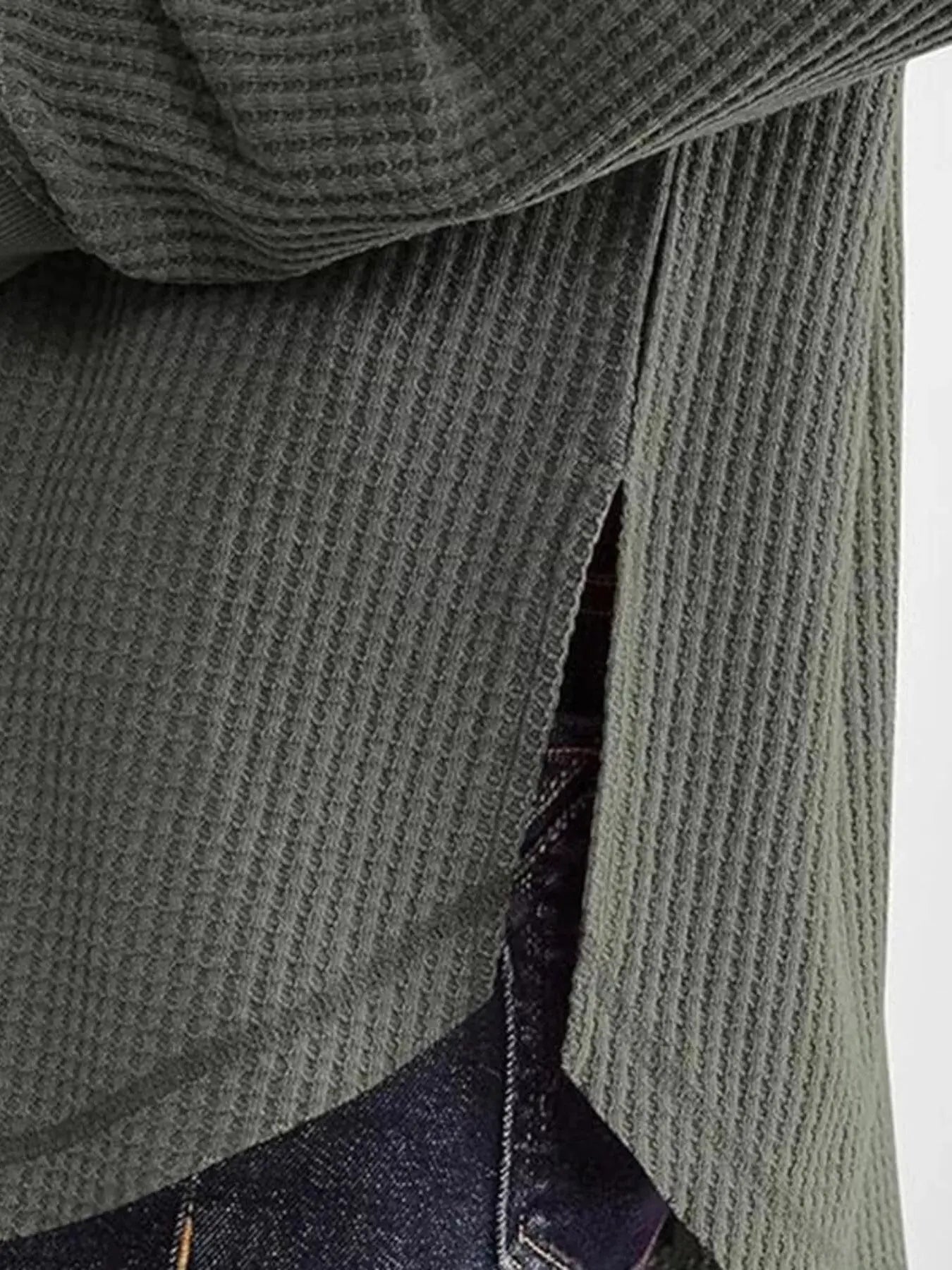 Slit Notched Long Sleeve Waffle Knit T Shirt 100 Polyester Trendsi