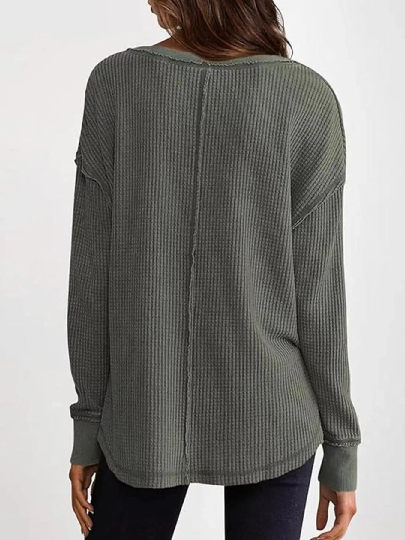 Slit Notched Long Sleeve Waffle Knit T Shirt 100 Polyester Trendsi
