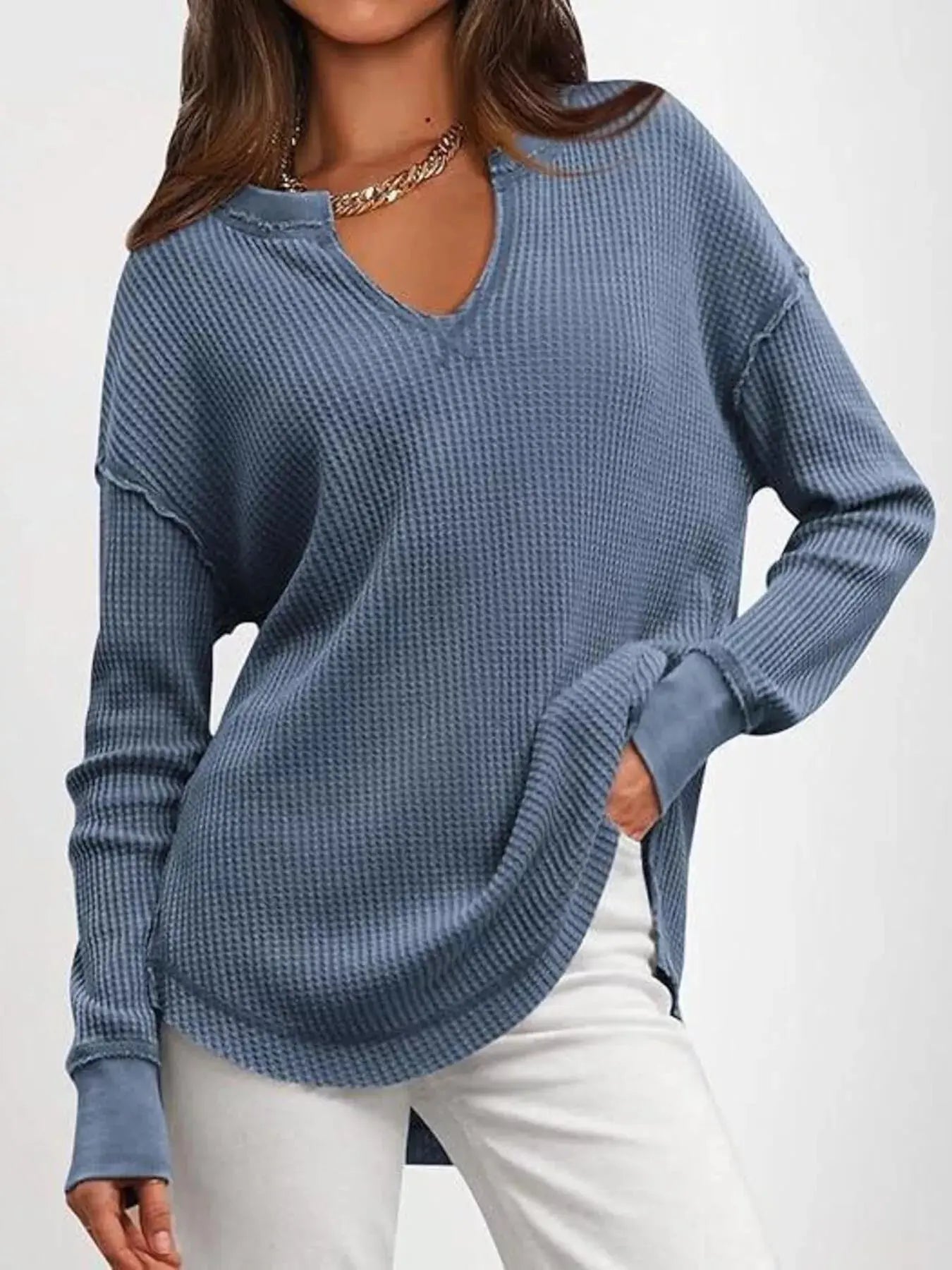 Slit Notched Long Sleeve Waffle Knit T Shirt 100 Polyester Trendsi