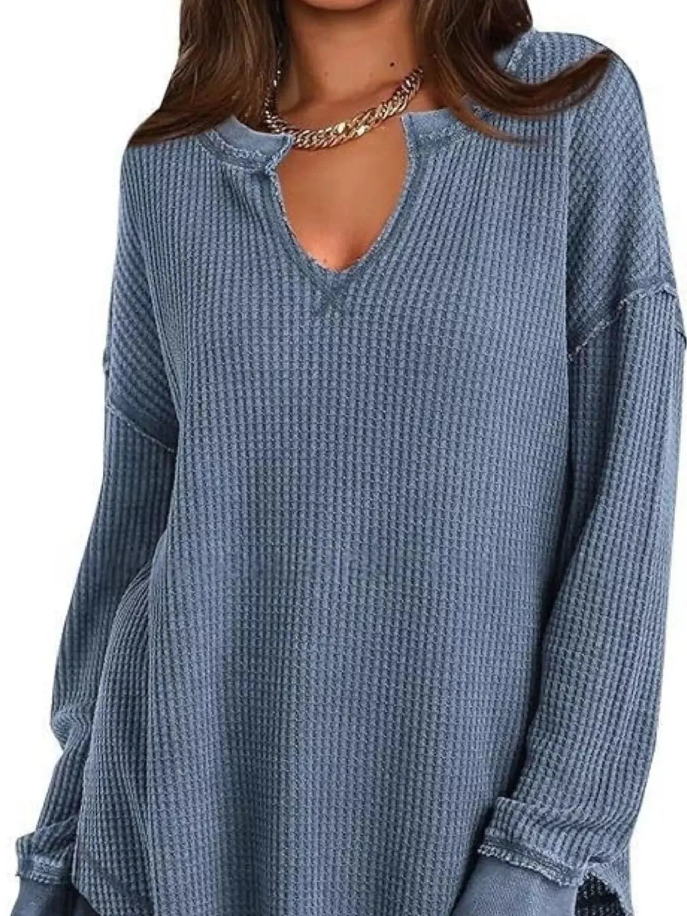 Slit Notched Long Sleeve Waffle Knit T Shirt 100 Polyester Trendsi