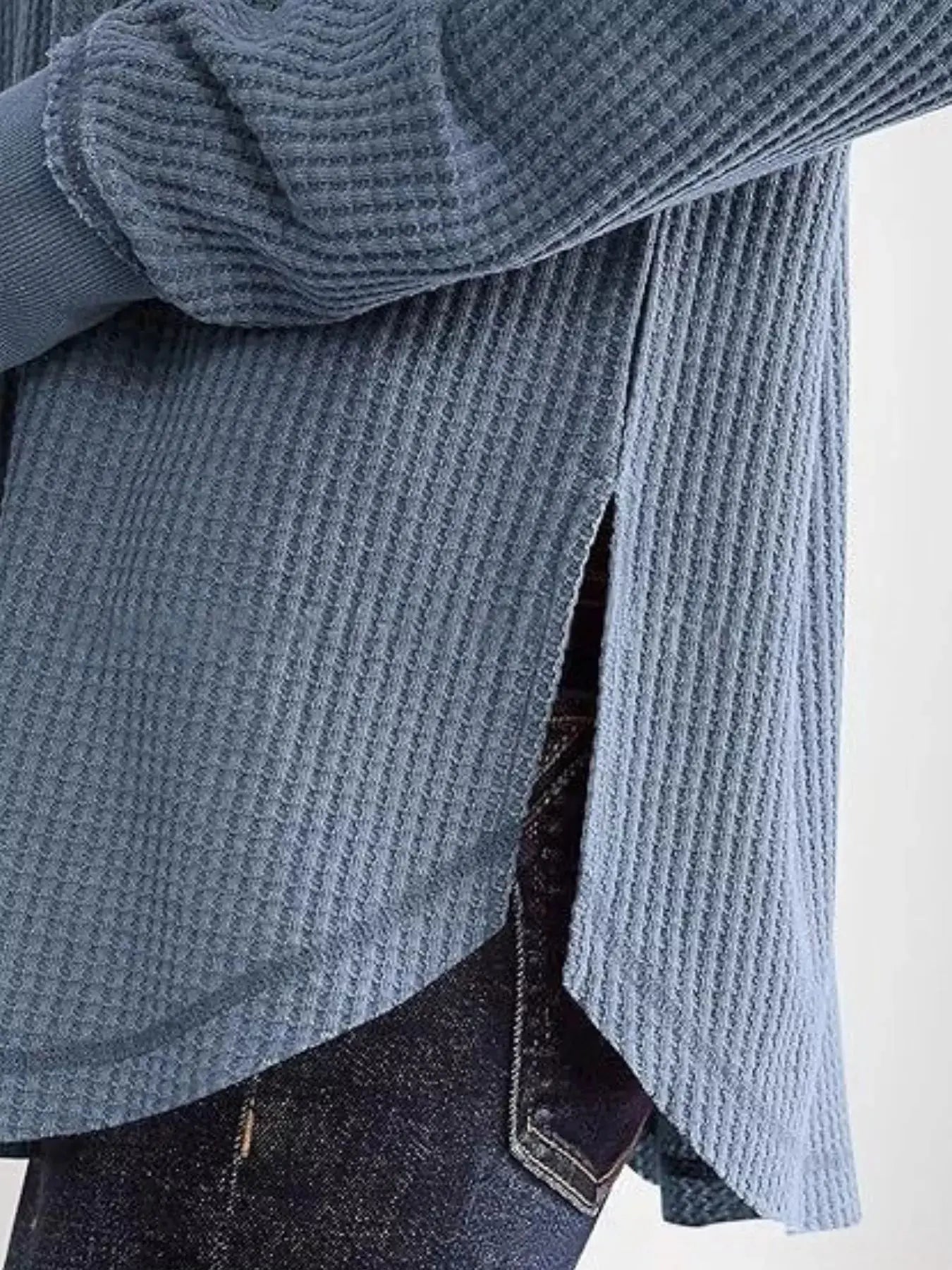Slit Notched Long Sleeve Waffle Knit T Shirt 100 Polyester Trendsi
