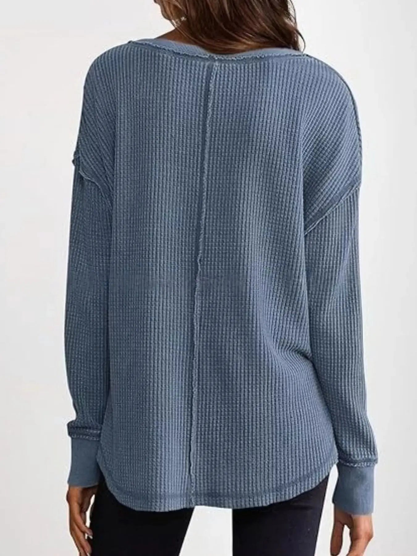 Slit Notched Long Sleeve Waffle Knit T Shirt 100 Polyester Trendsi