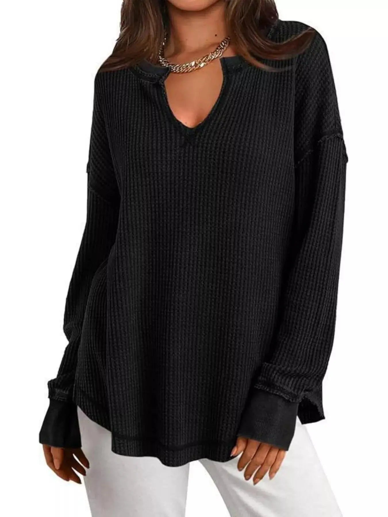 Slit Notched Long Sleeve Waffle Knit T Shirt 100 Polyester Trendsi