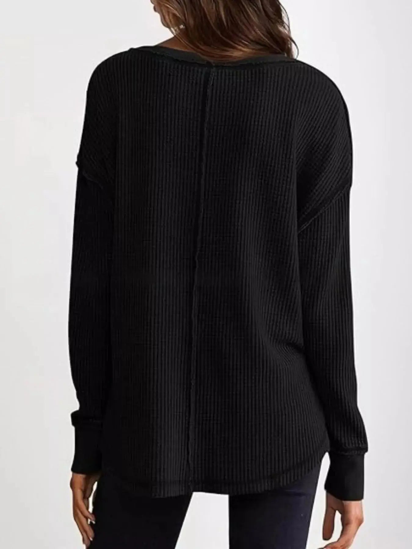 Slit Notched Long Sleeve Waffle Knit T Shirt 100 Polyester Trendsi