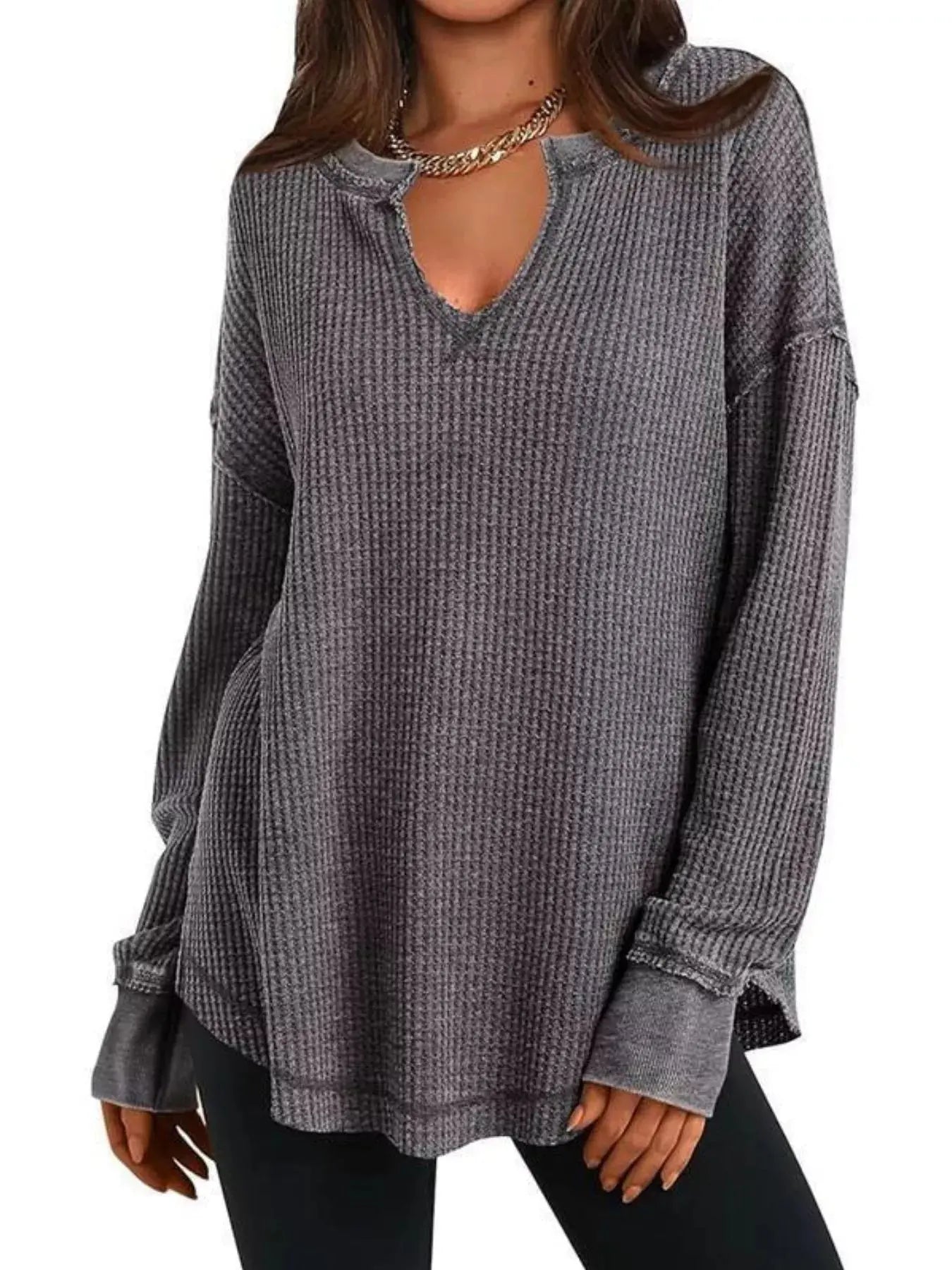 Slit Notched Long Sleeve Waffle Knit T Shirt 100 Polyester Trendsi