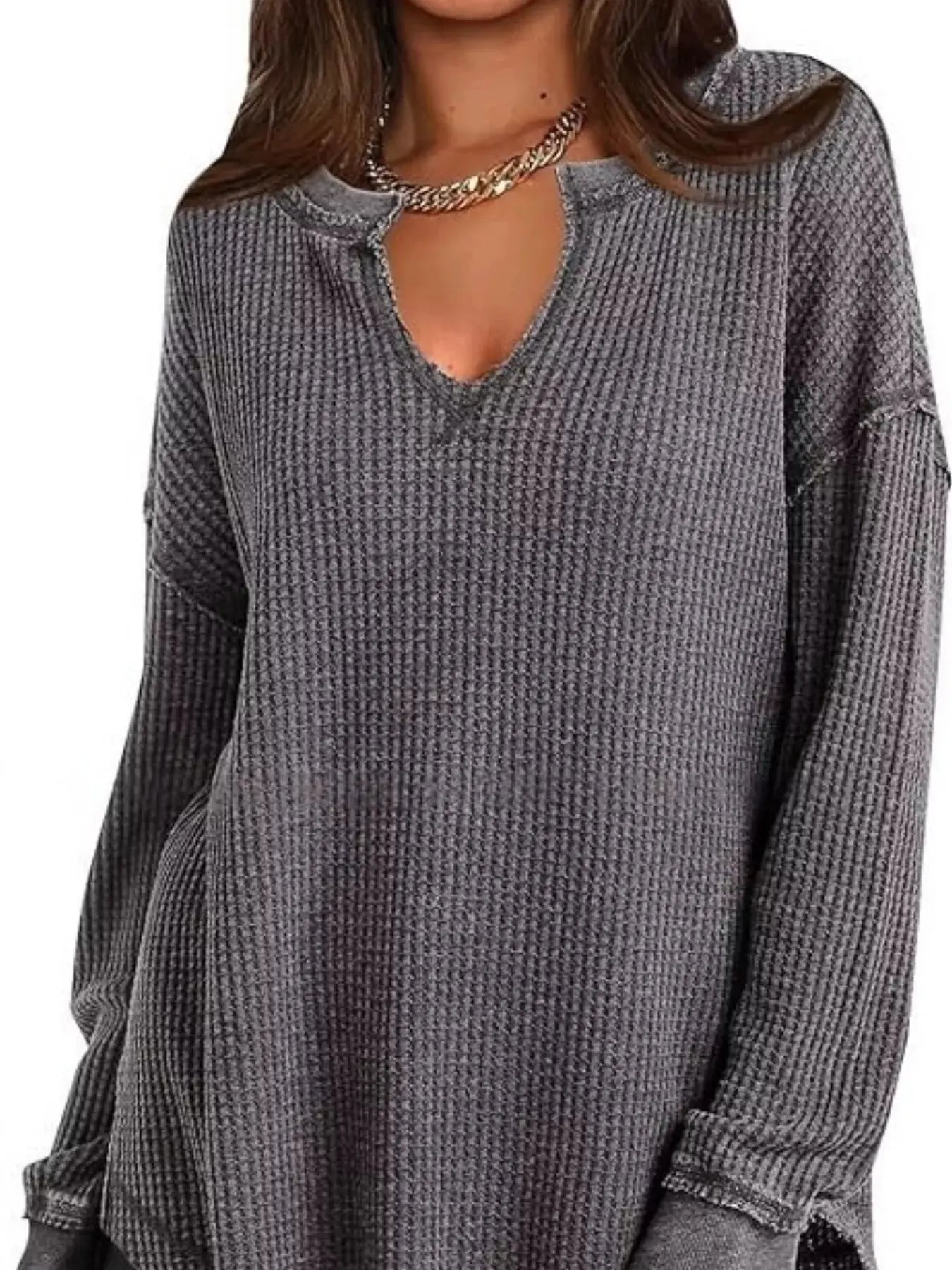 Slit Notched Long Sleeve Waffle Knit T Shirt 100 Polyester Trendsi