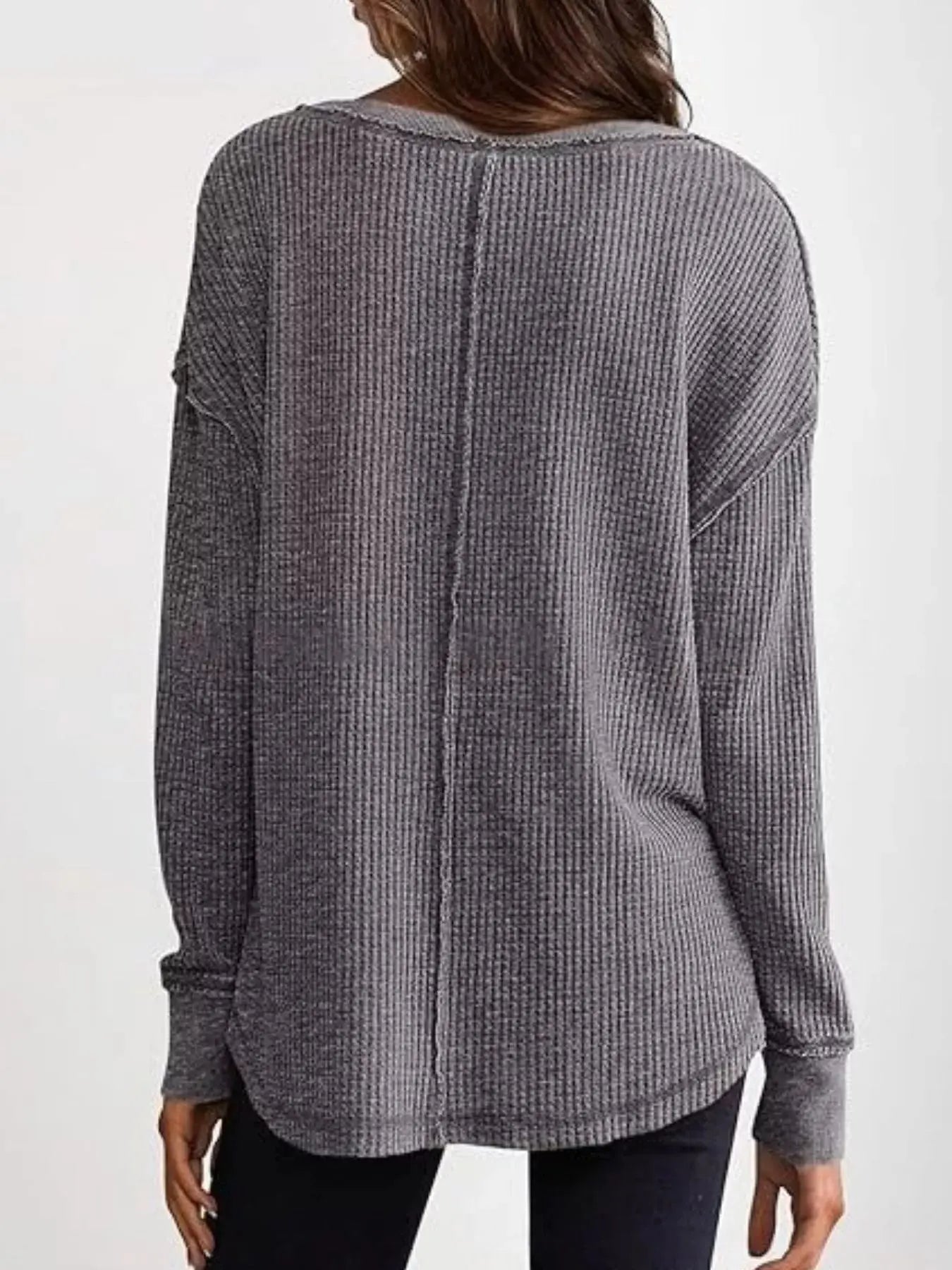 Slit Notched Long Sleeve Waffle Knit T Shirt 100 Polyester Trendsi