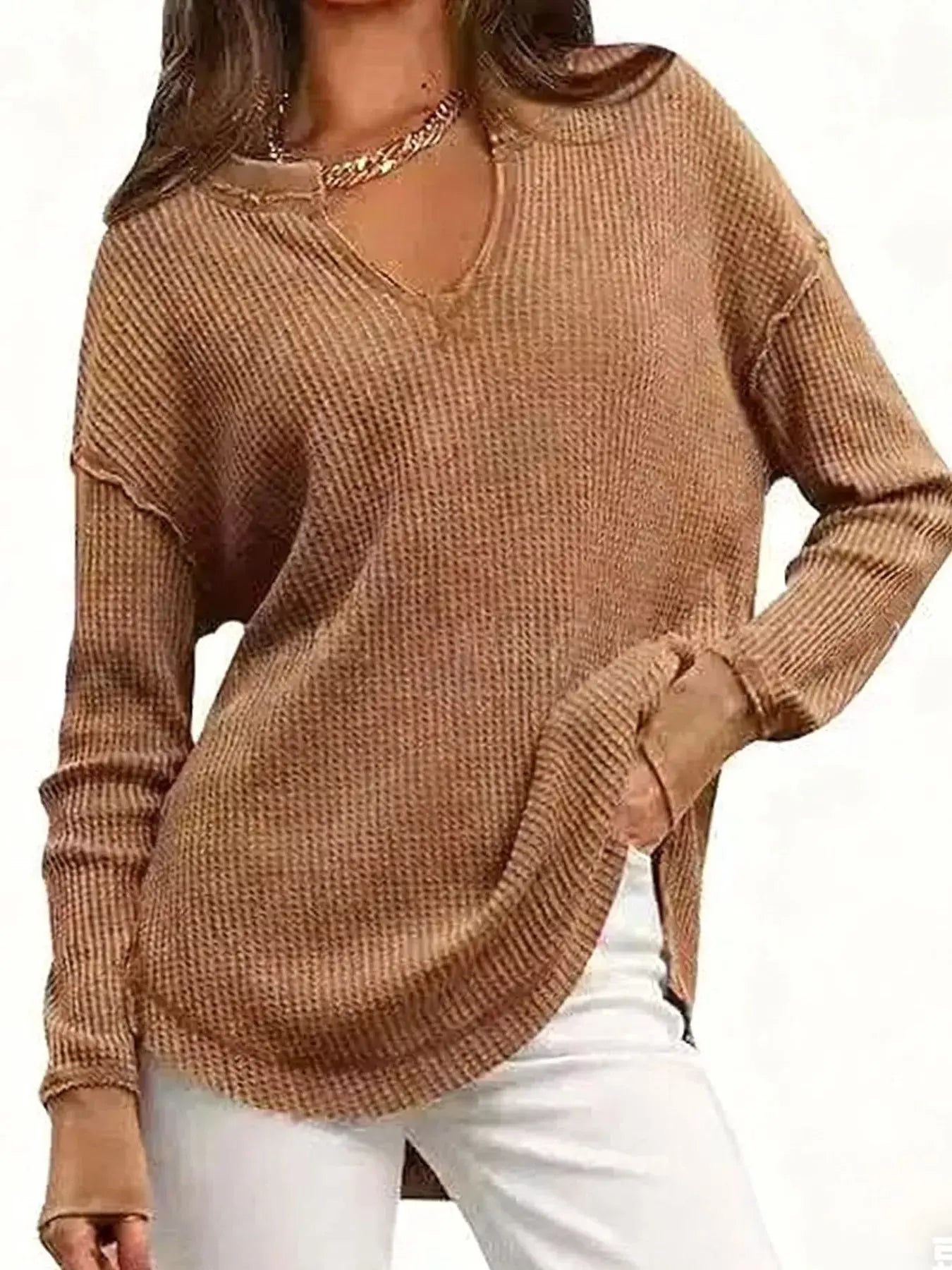 Slit Notched Long Sleeve Waffle Knit T Shirt 100 Polyester Trendsi