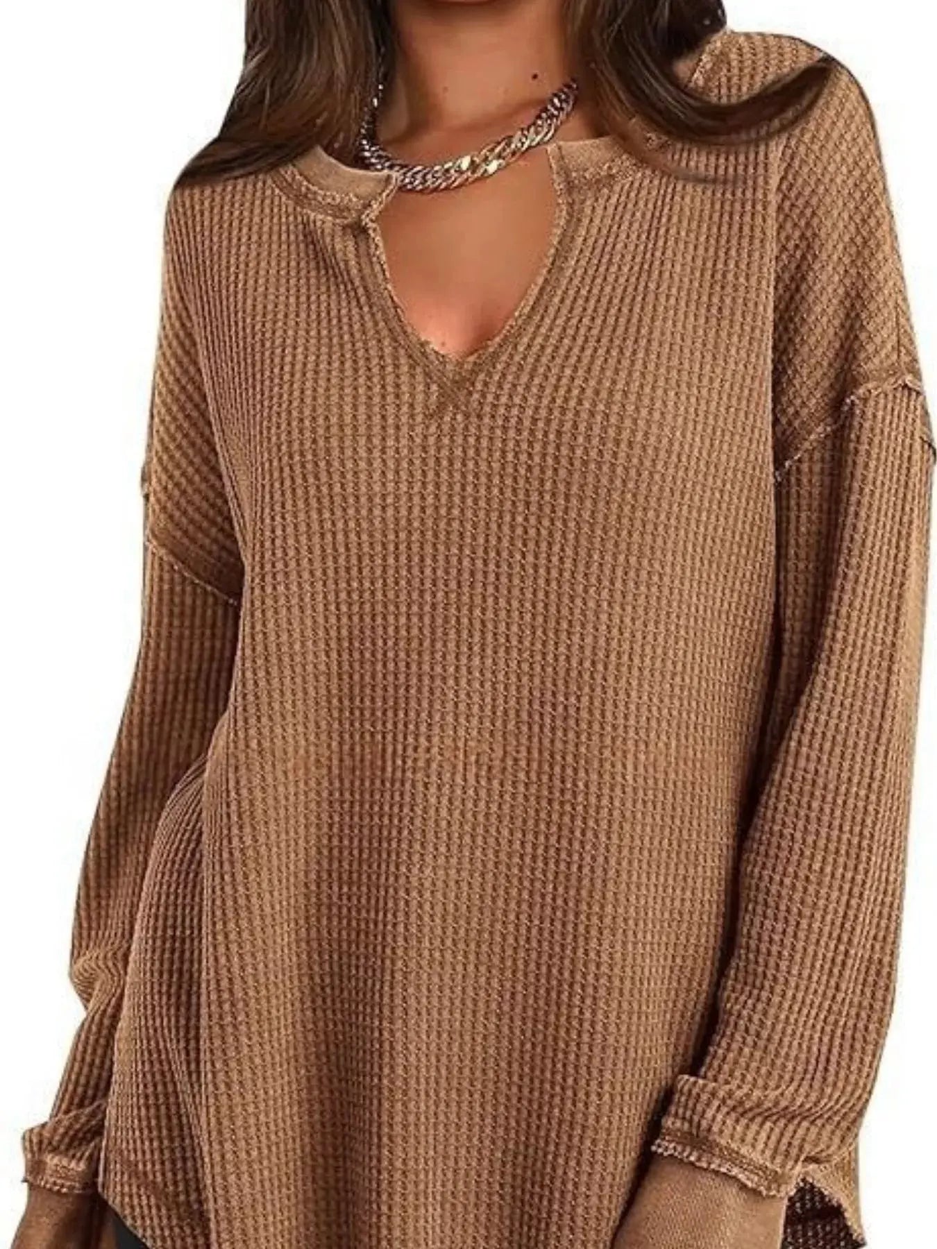 Slit Notched Long Sleeve Waffle Knit T Shirt 100 Polyester Trendsi