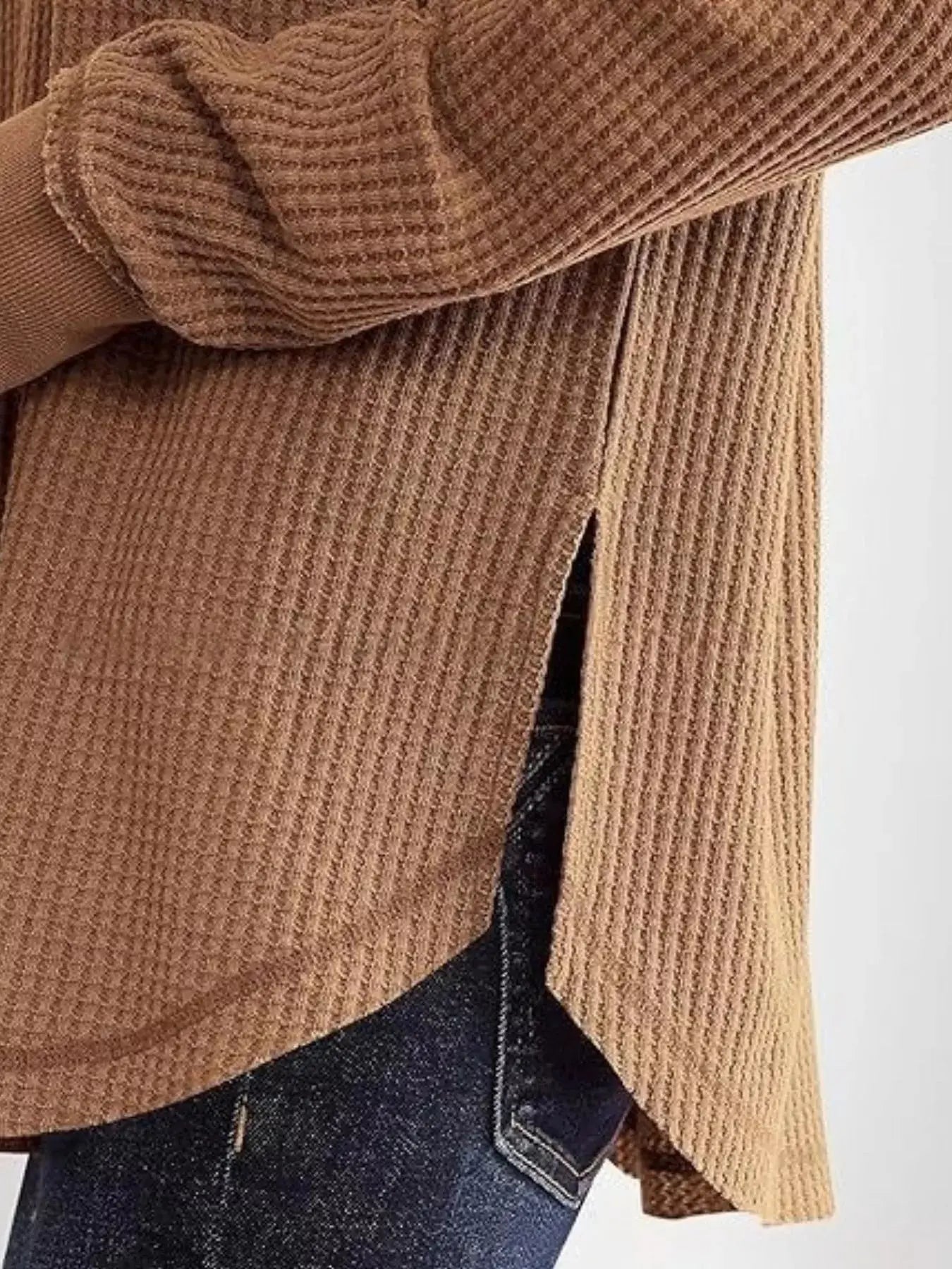 Slit Notched Long Sleeve Waffle Knit T Shirt 100 Polyester Trendsi