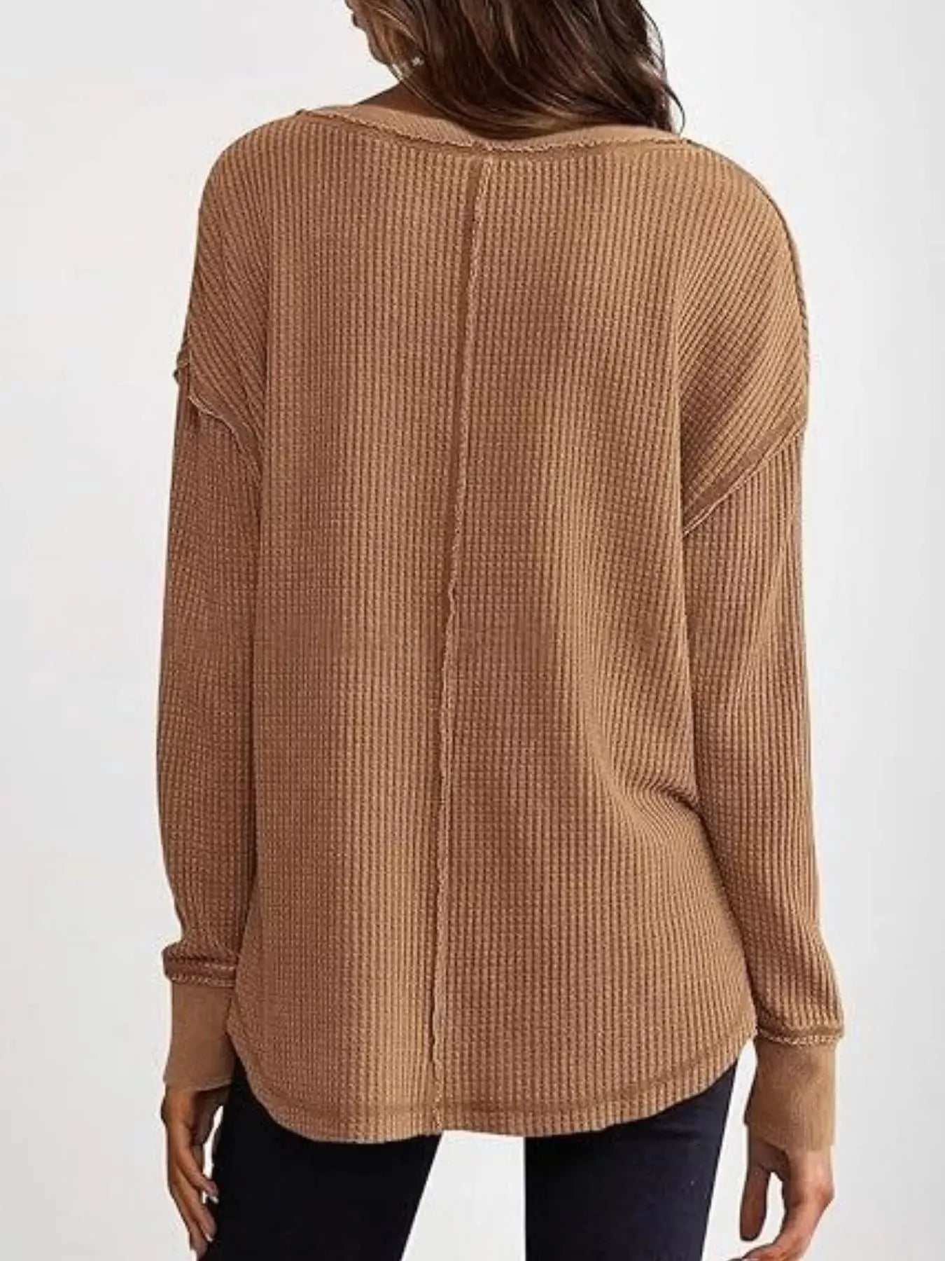 Slit Notched Long Sleeve Waffle Knit T Shirt 100 Polyester Trendsi