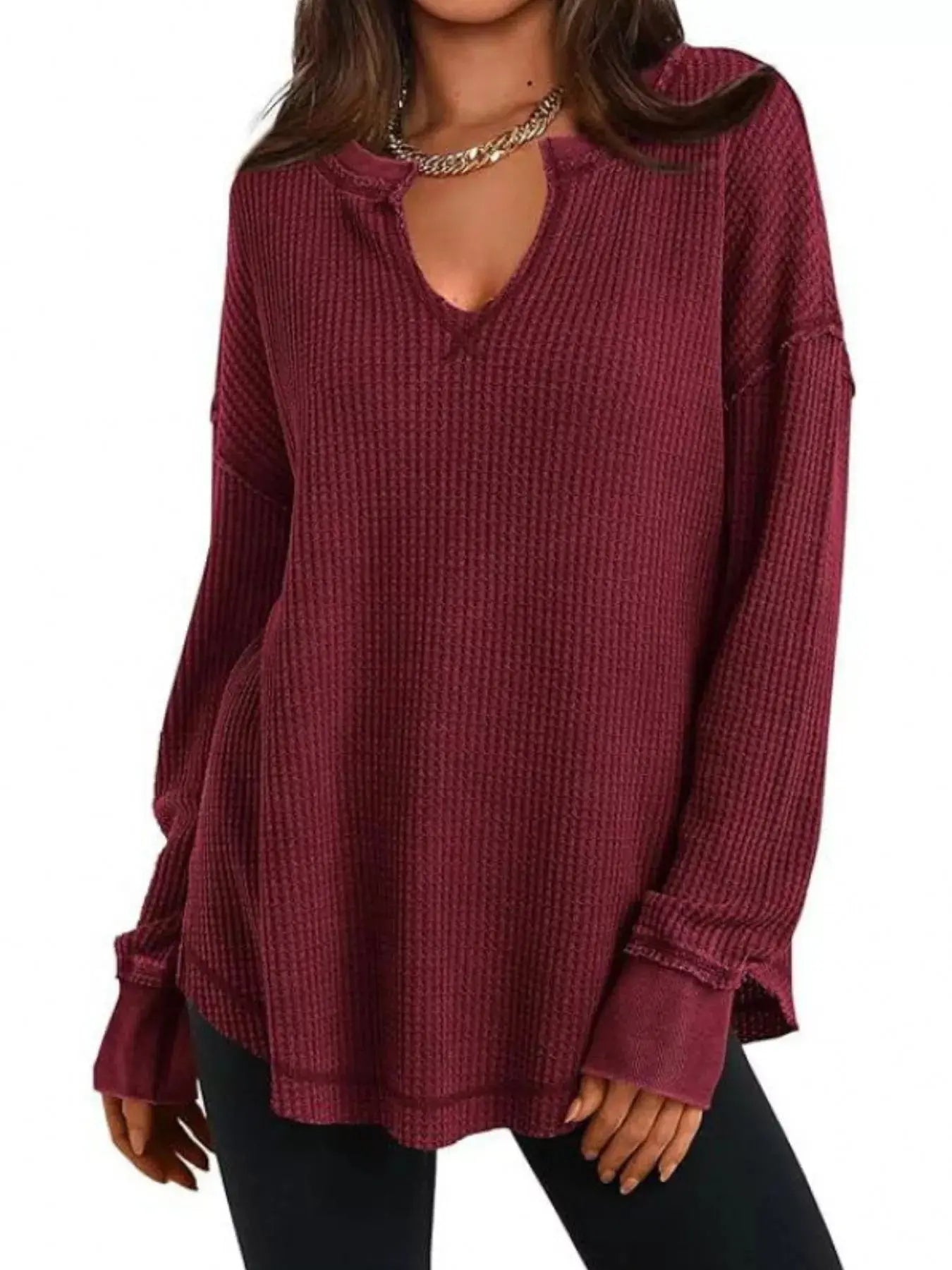 Slit Notched Long Sleeve Waffle Knit T Shirt 100 Polyester Trendsi