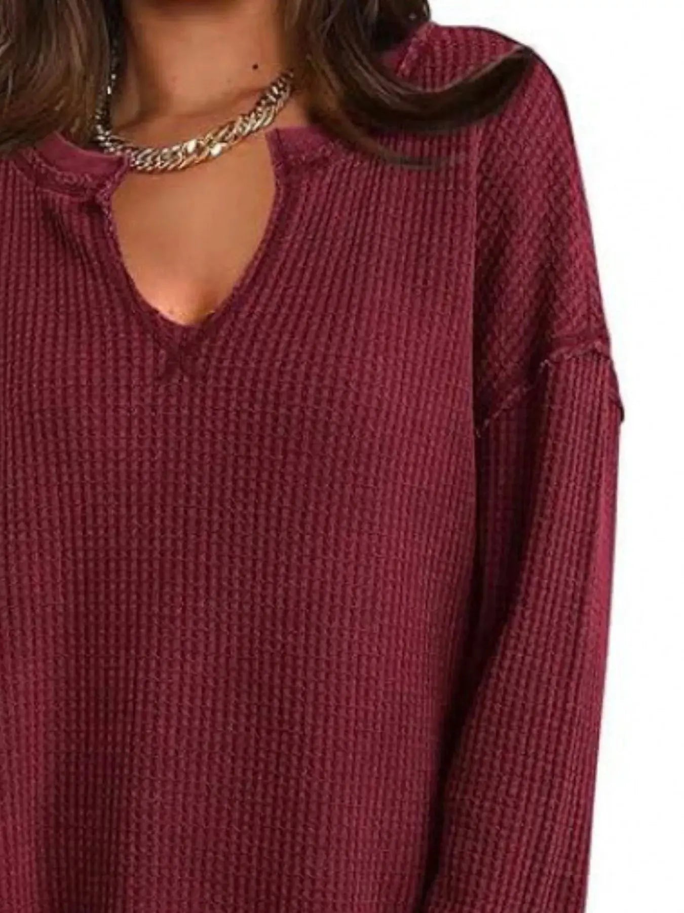 Slit Notched Long Sleeve Waffle Knit T Shirt 100 Polyester Trendsi