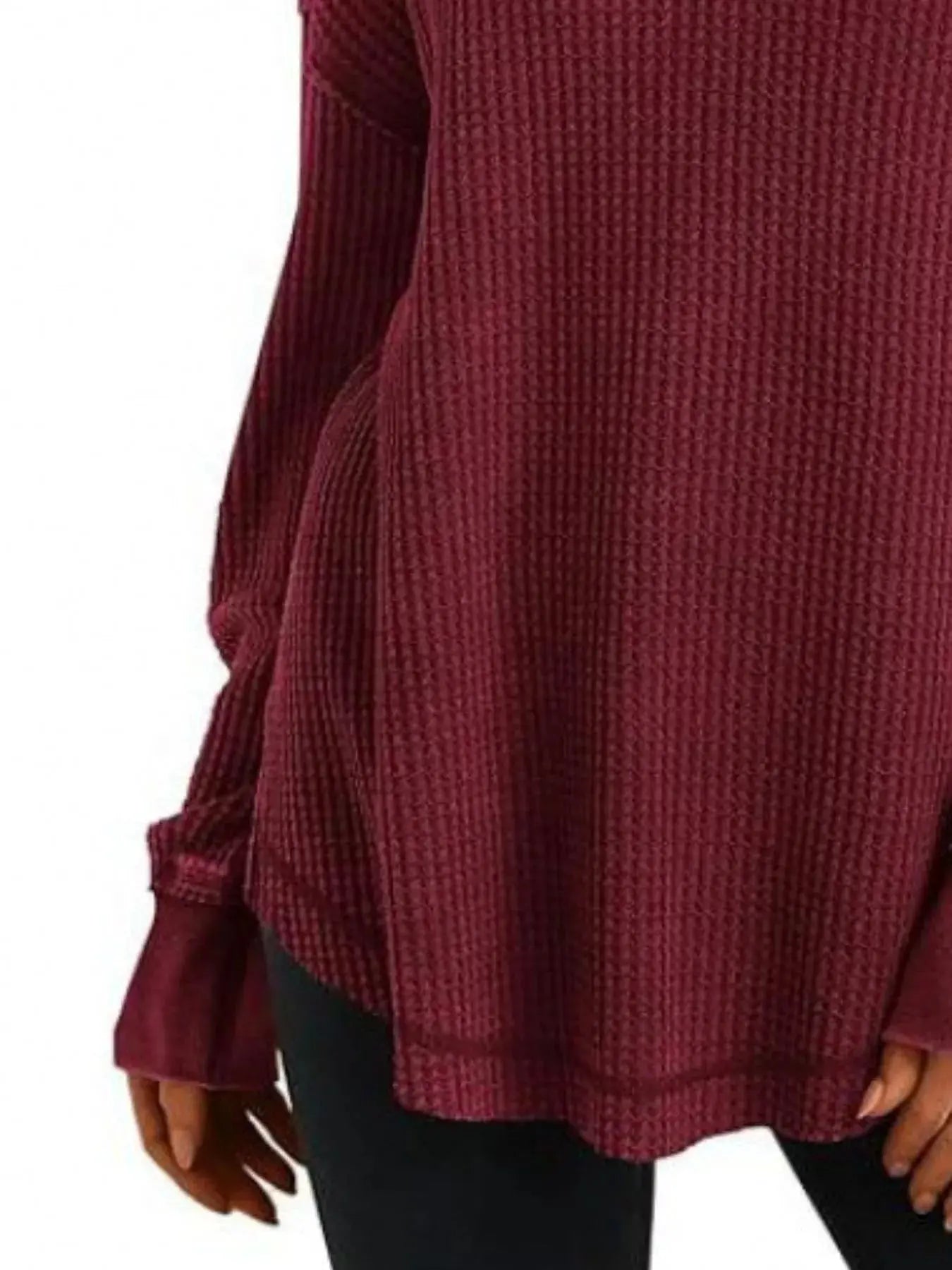 Slit Notched Long Sleeve Waffle Knit T Shirt 100 Polyester Trendsi