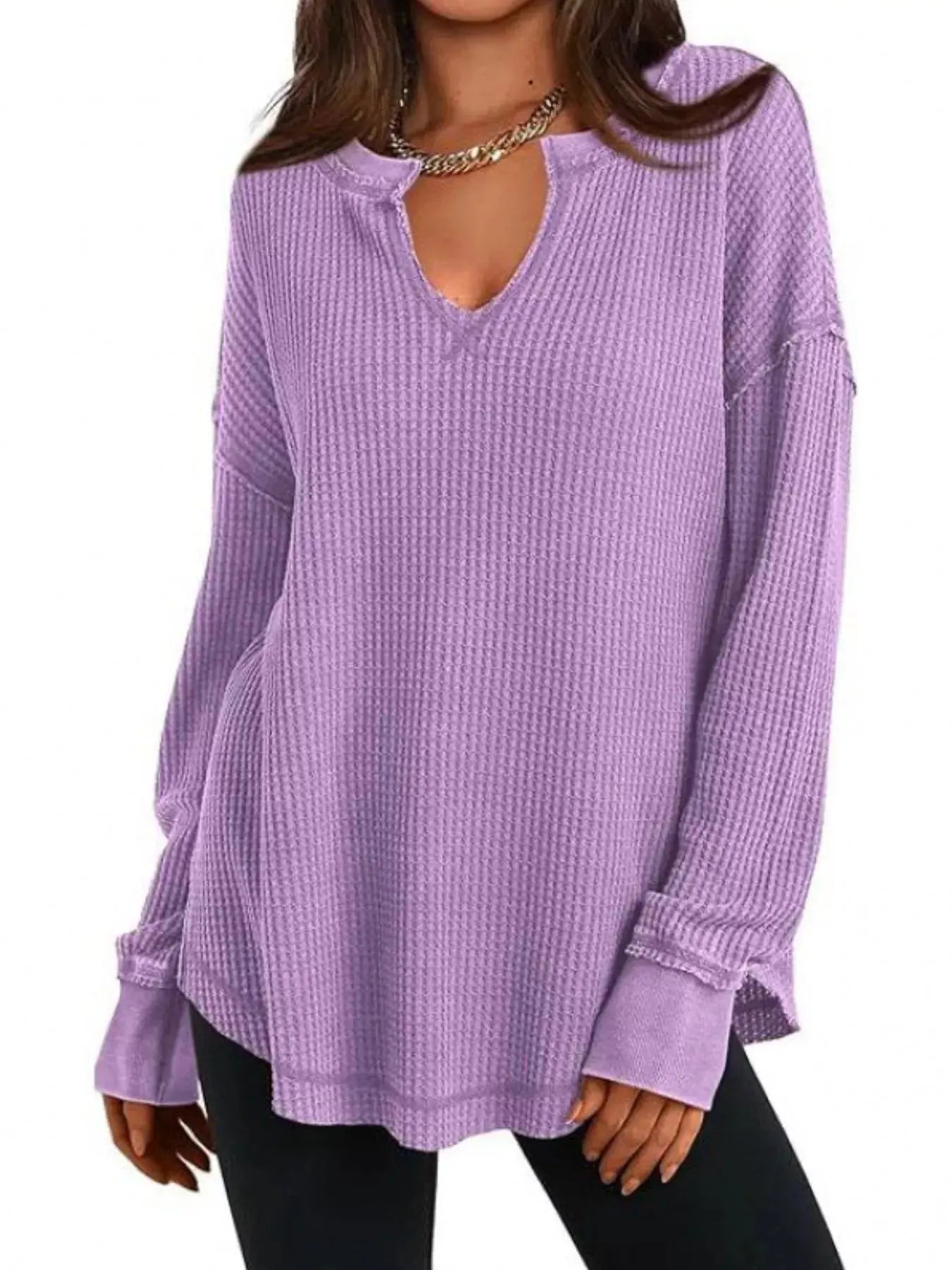 Slit Notched Long Sleeve Waffle Knit T Shirt 100 Polyester Trendsi