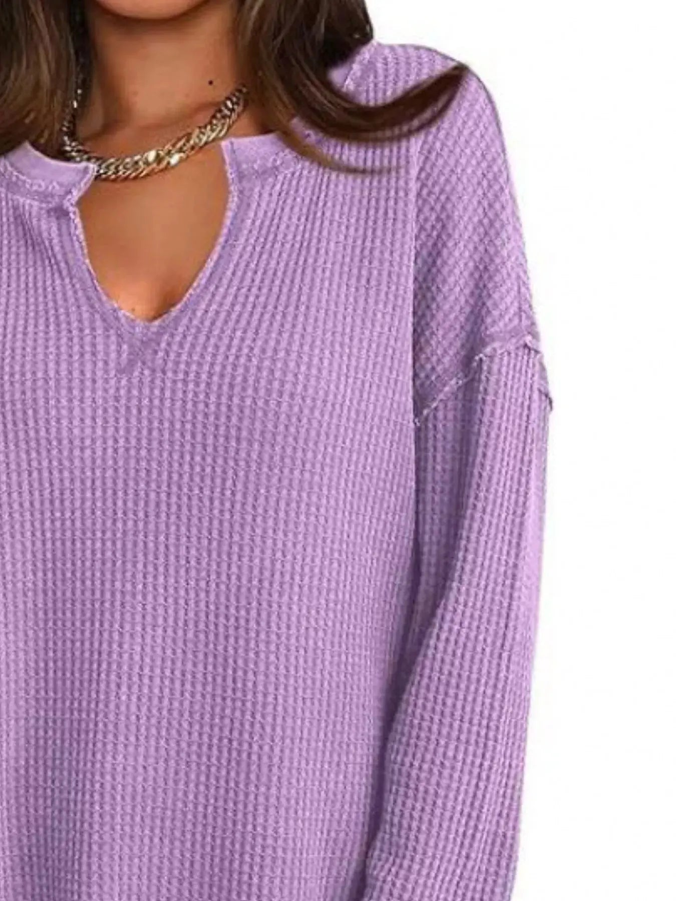 Slit Notched Long Sleeve Waffle Knit T Shirt 100 Polyester Trendsi