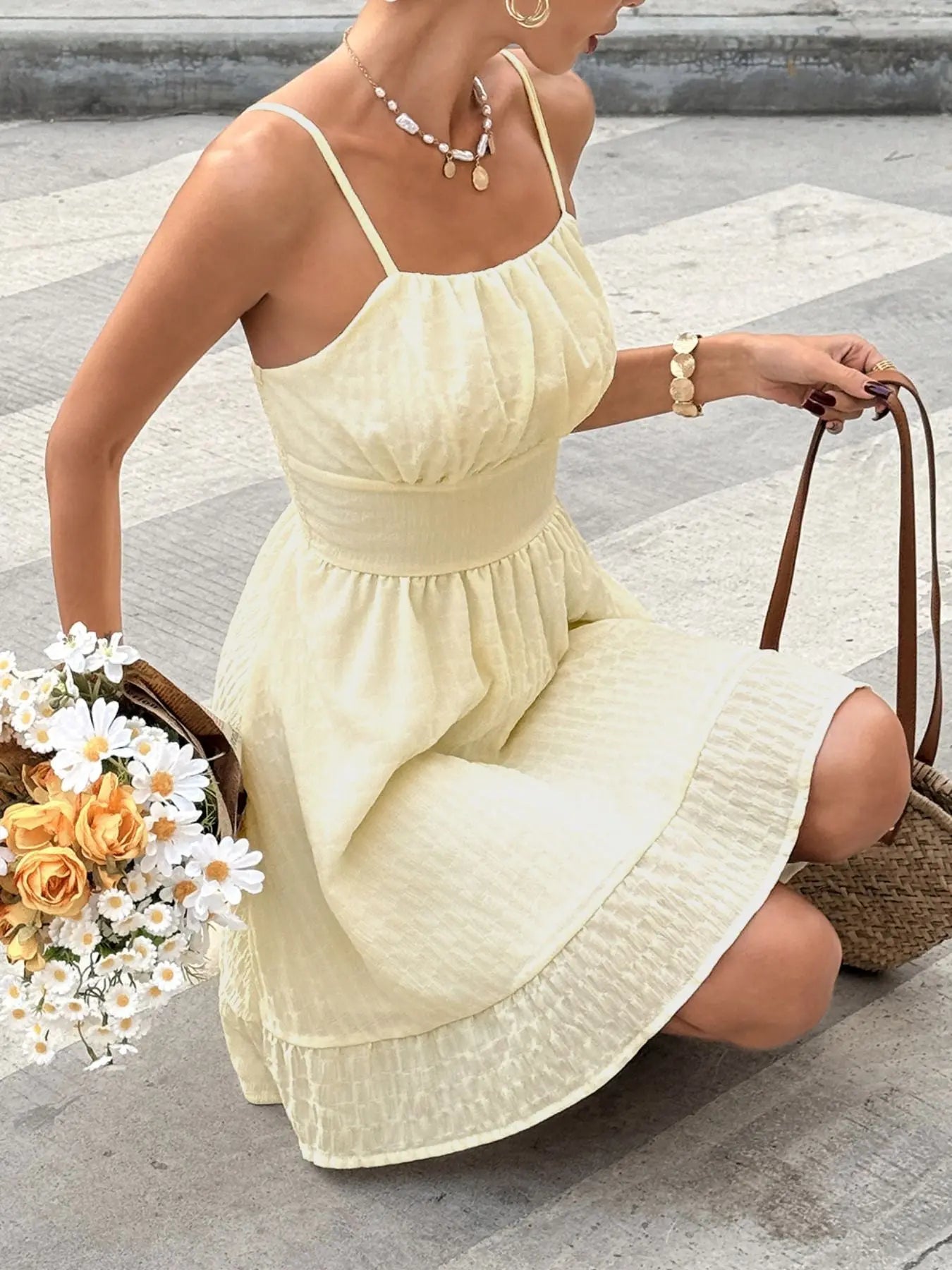 Smocked Spaghetti Strap Casual Dress Ruched Polyester Elastane Trendsi