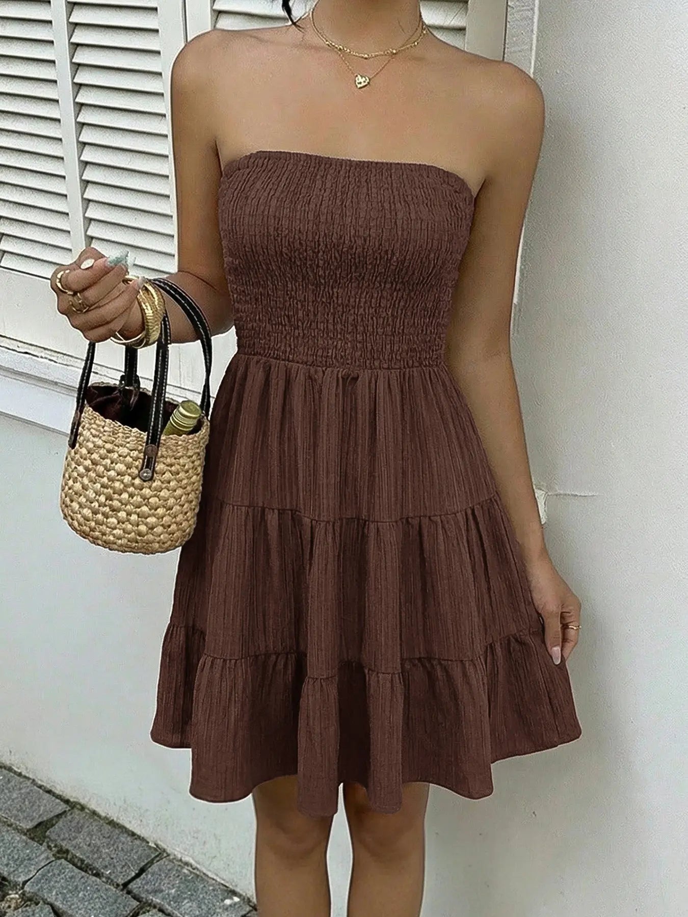 Smocked Strapless Tiered Ruffle Mini Dress 100 Percent Polyester Trendsi