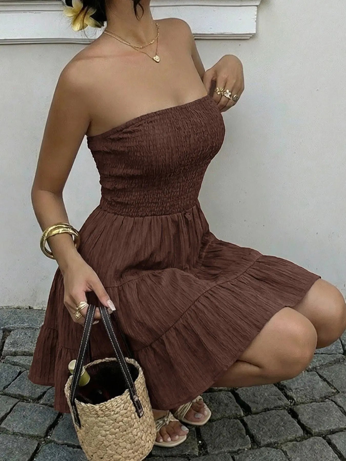 Smocked Strapless Tiered Ruffle Mini Dress 100 Percent Polyester Trendsi