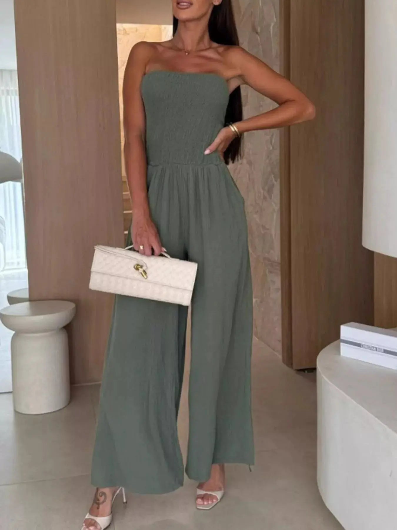 Smocked Tube Wide-Leg Jumpsuit Trendsi