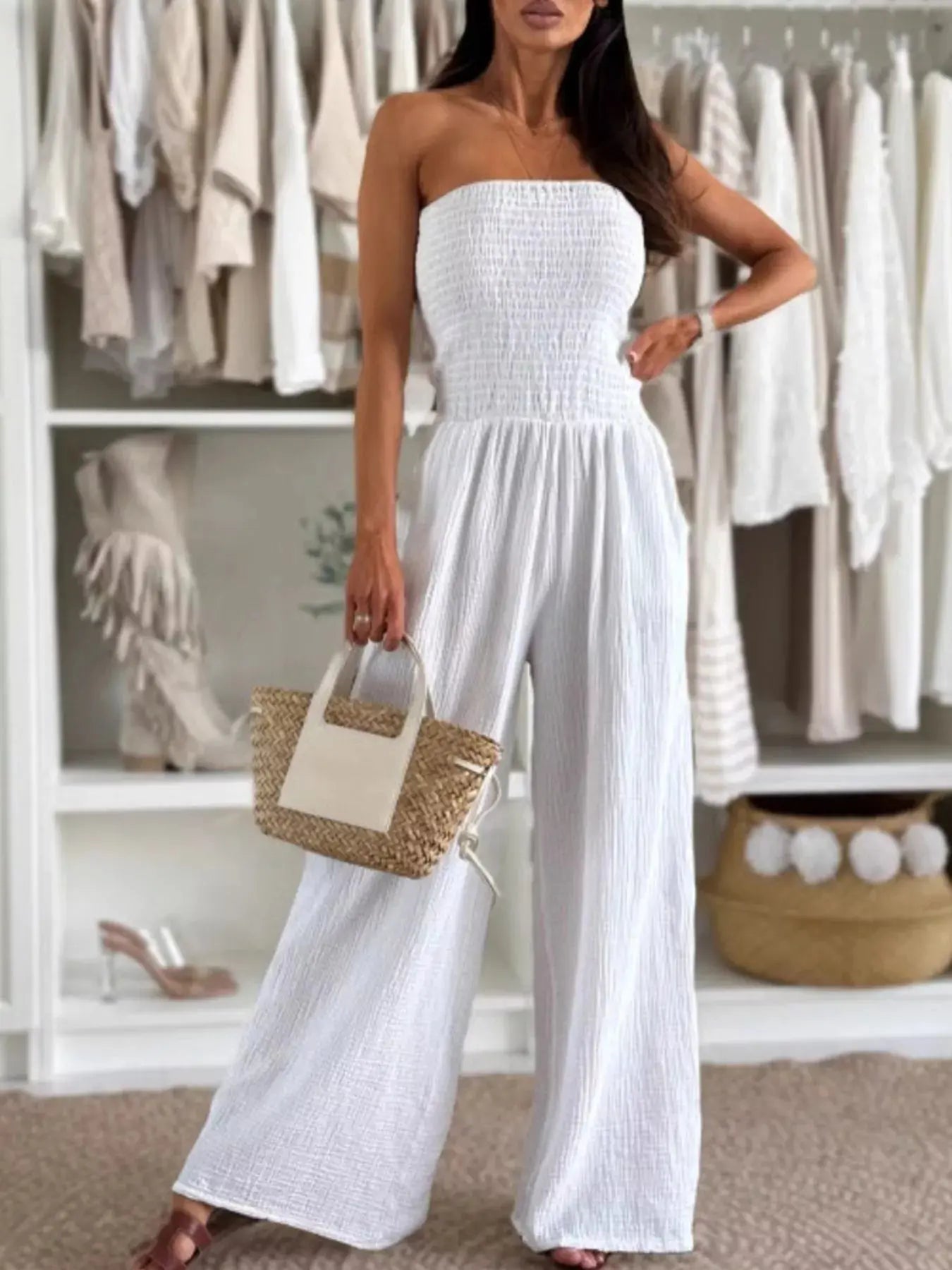 Smocked Tube Wide-Leg Jumpsuit Trendsi