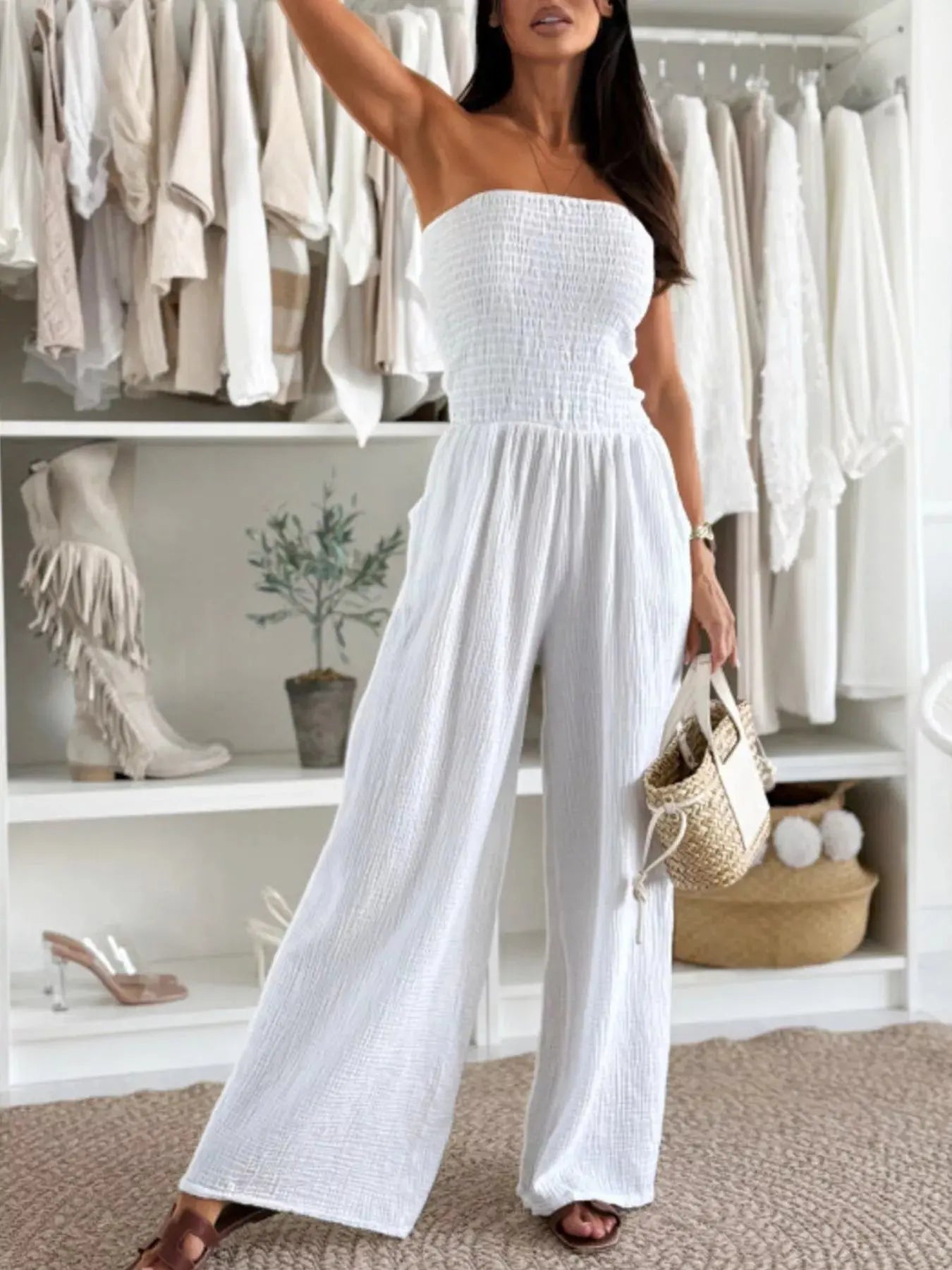 Smocked Tube Wide-Leg Jumpsuit Trendsi