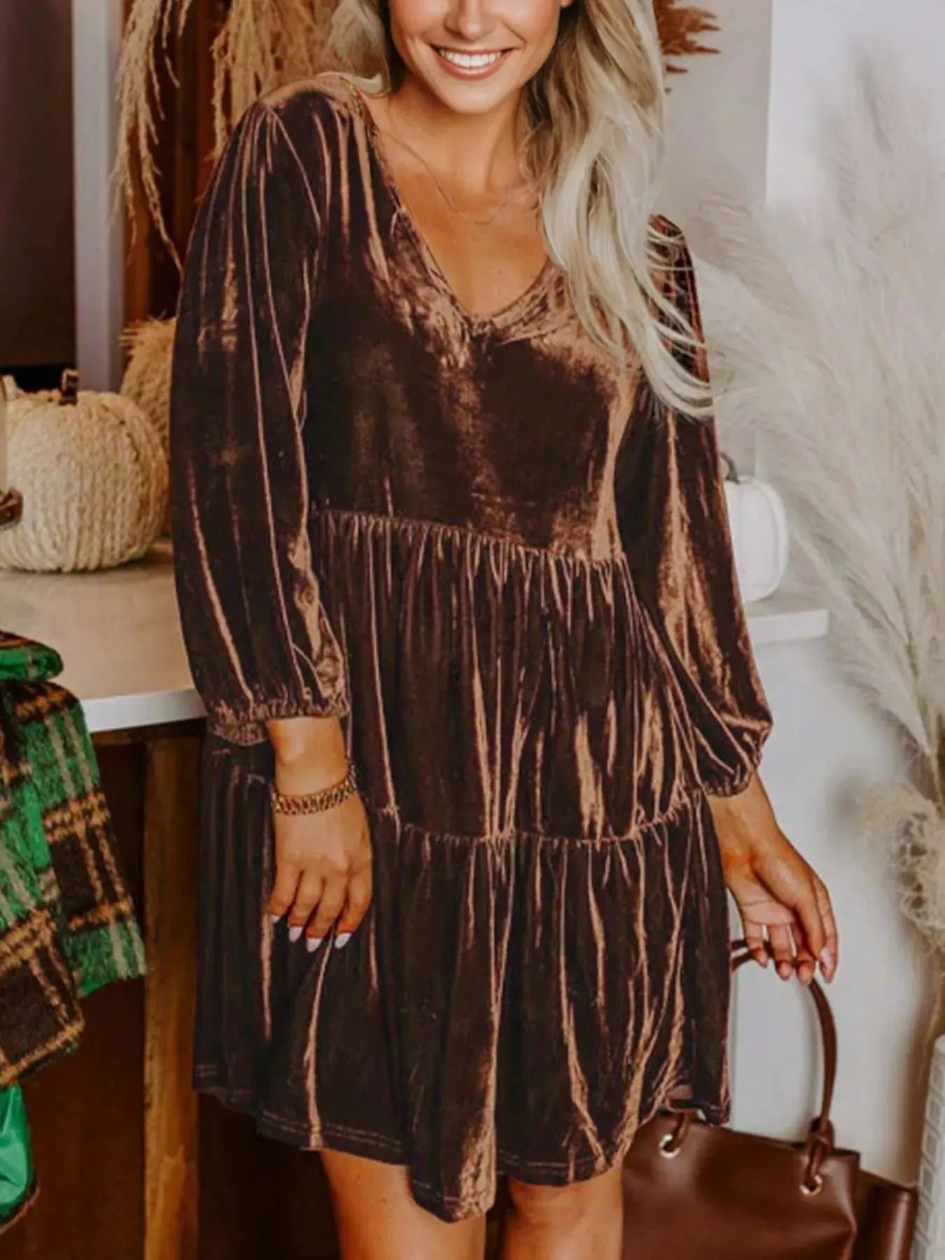 Solid Color Velvet V Neck Long Sleeve Tiered Mini Dress Trendsi