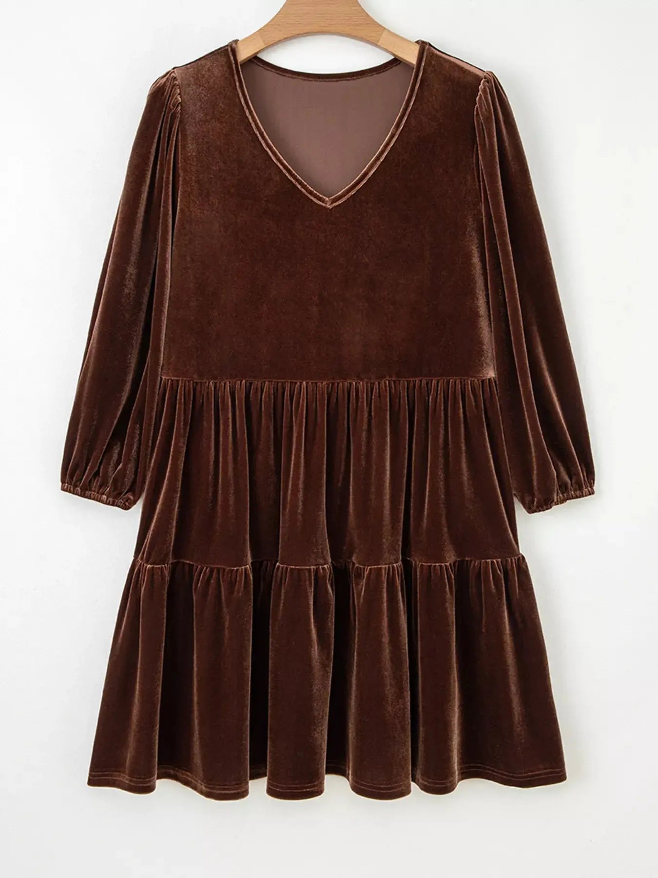 Solid Color Velvet V Neck Long Sleeve Tiered Mini Dress Trendsi