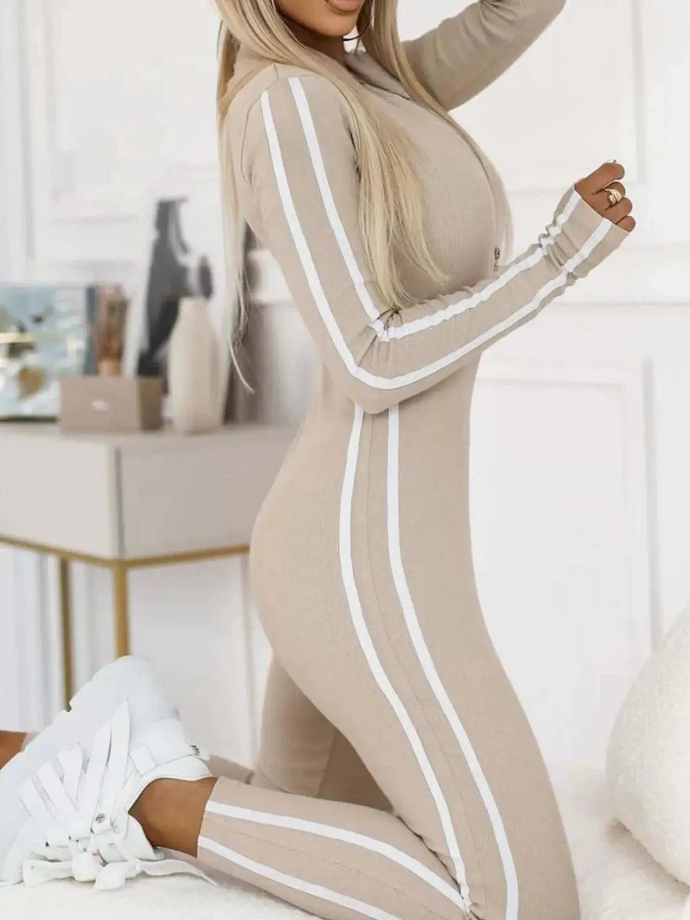 Stripe Zip-Front Long Sleeve Jumpsuit Plus Size Trendsi
