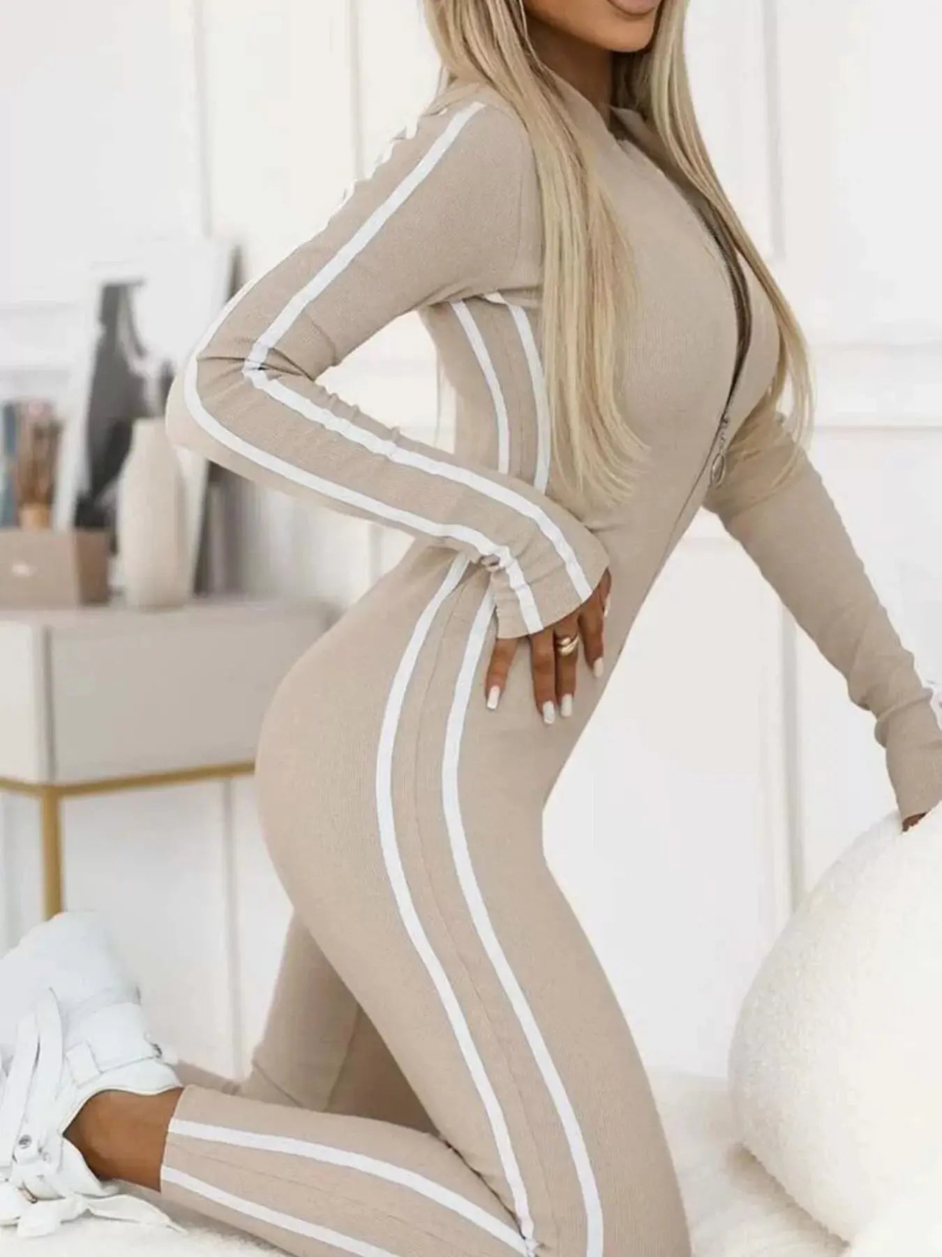 Stripe Zip-Front Long Sleeve Jumpsuit Plus Size Trendsi