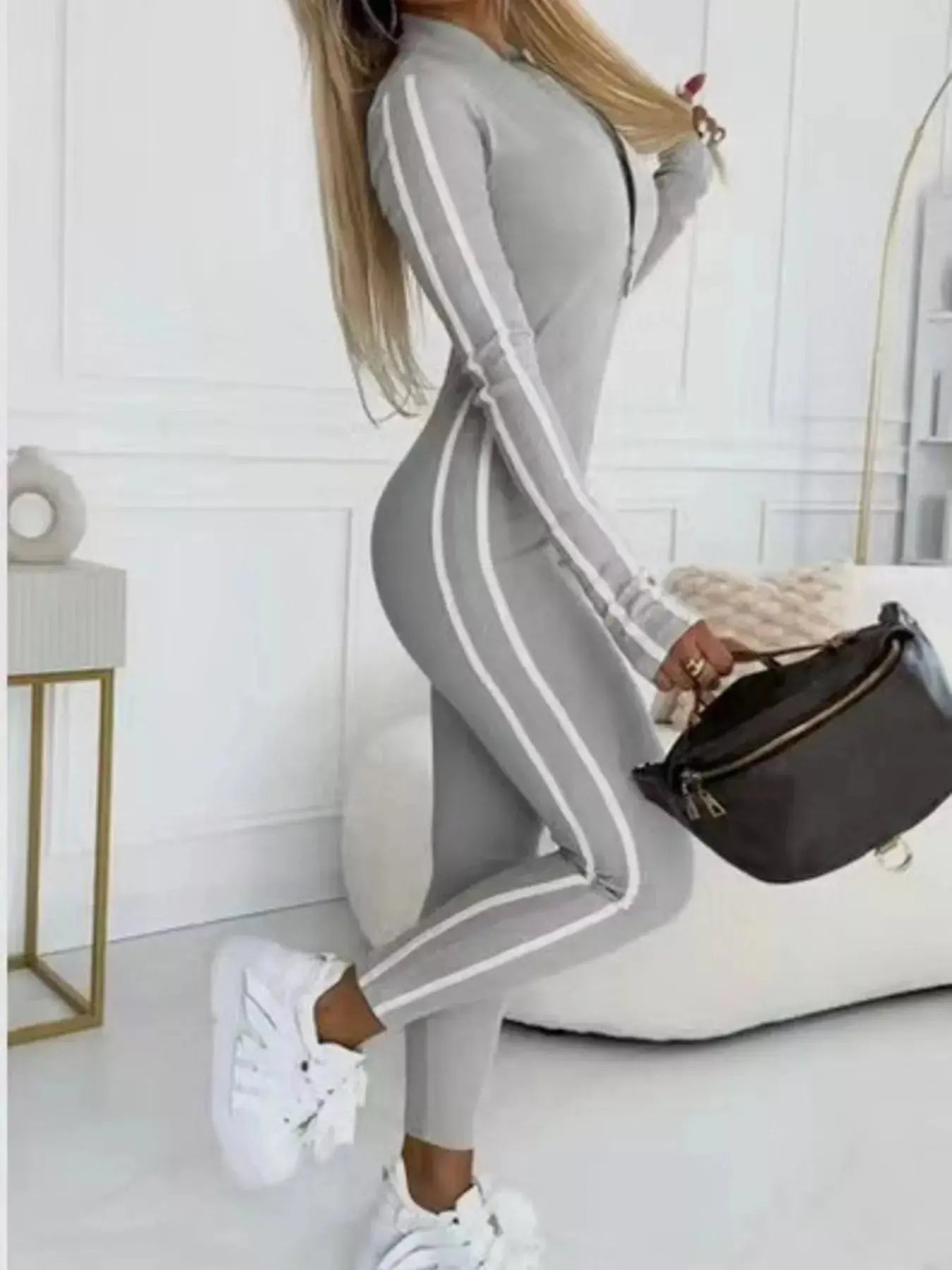 Stripe Zip-Front Long Sleeve Jumpsuit Plus Size Trendsi