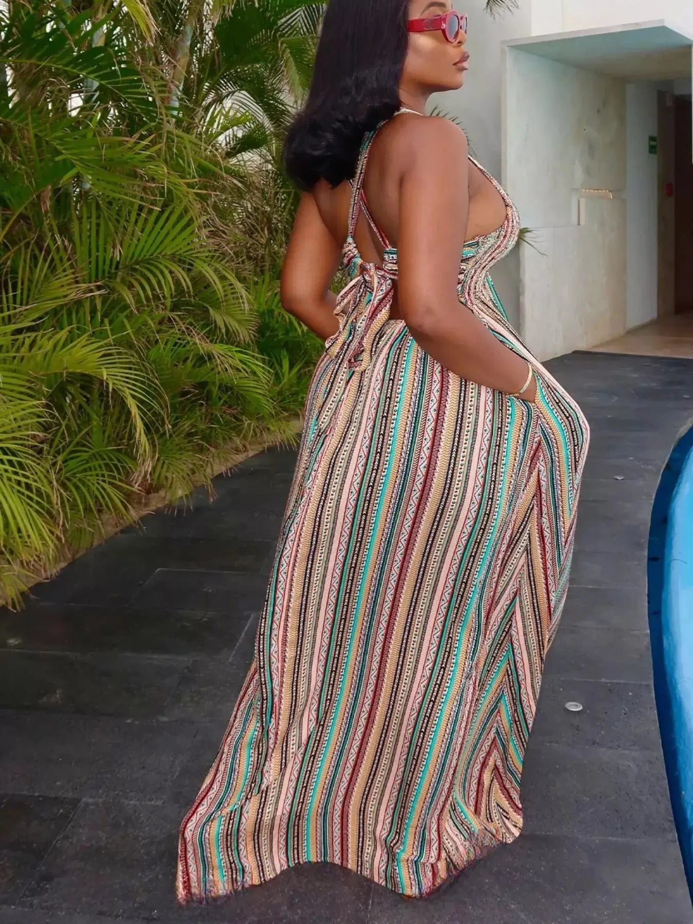 Striped Deep V-Neck Maxi Dress with Pockets and Slit Trendsi