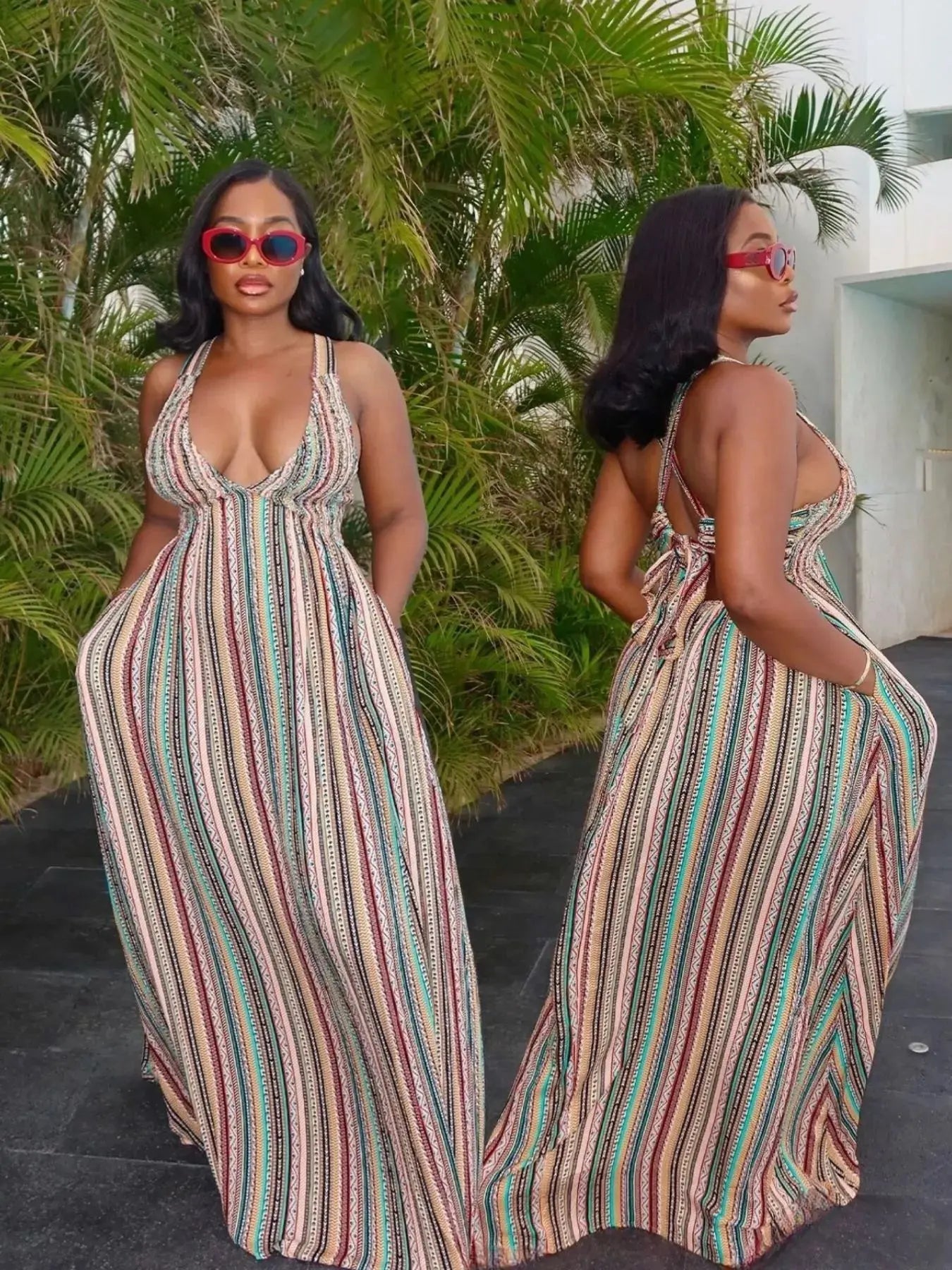 Striped Deep V-Neck Maxi Dress with Pockets and Slit Trendsi