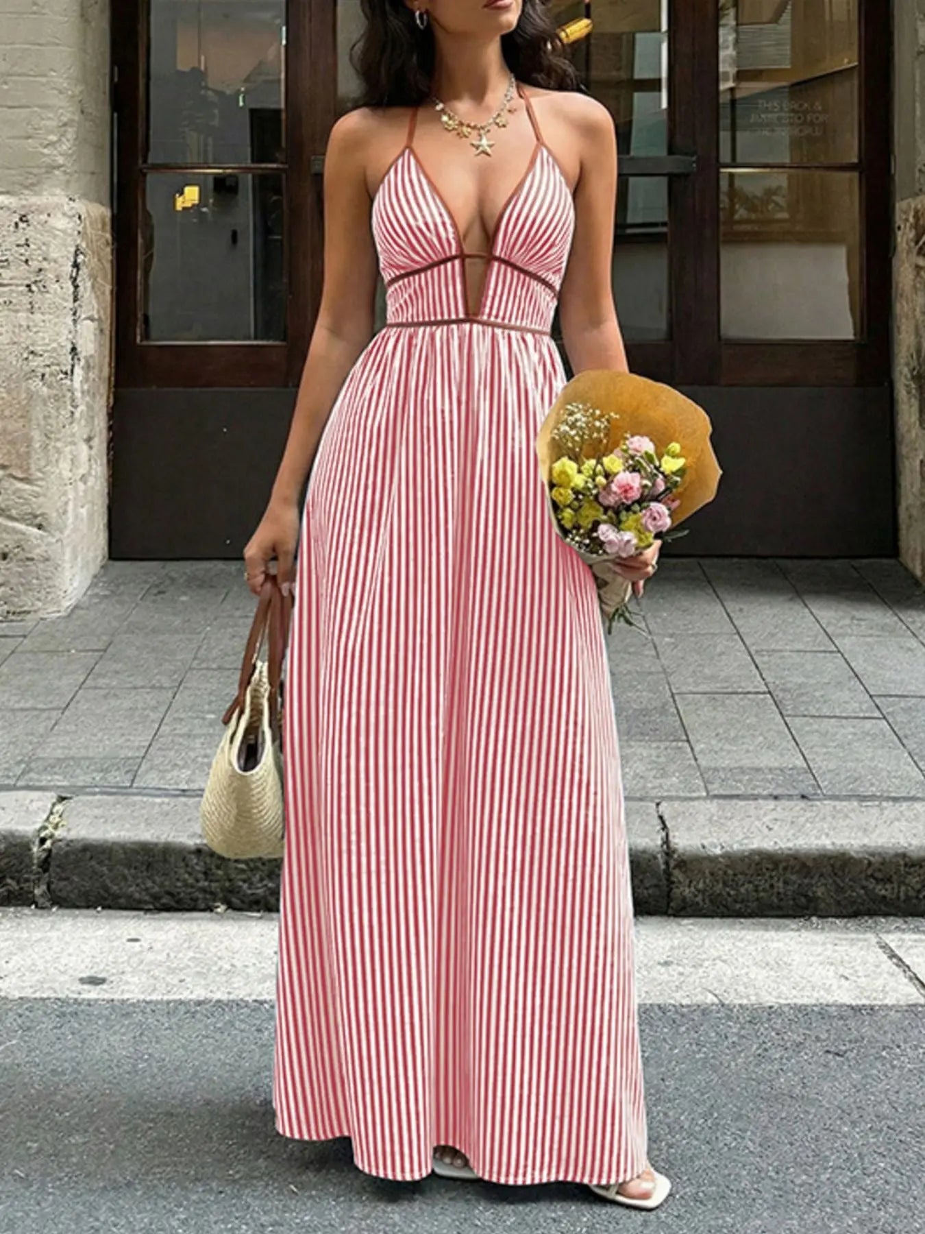 Striped Halter Neck Maxi Dress Smocked Tied Waist Polyester Blend Trendsi