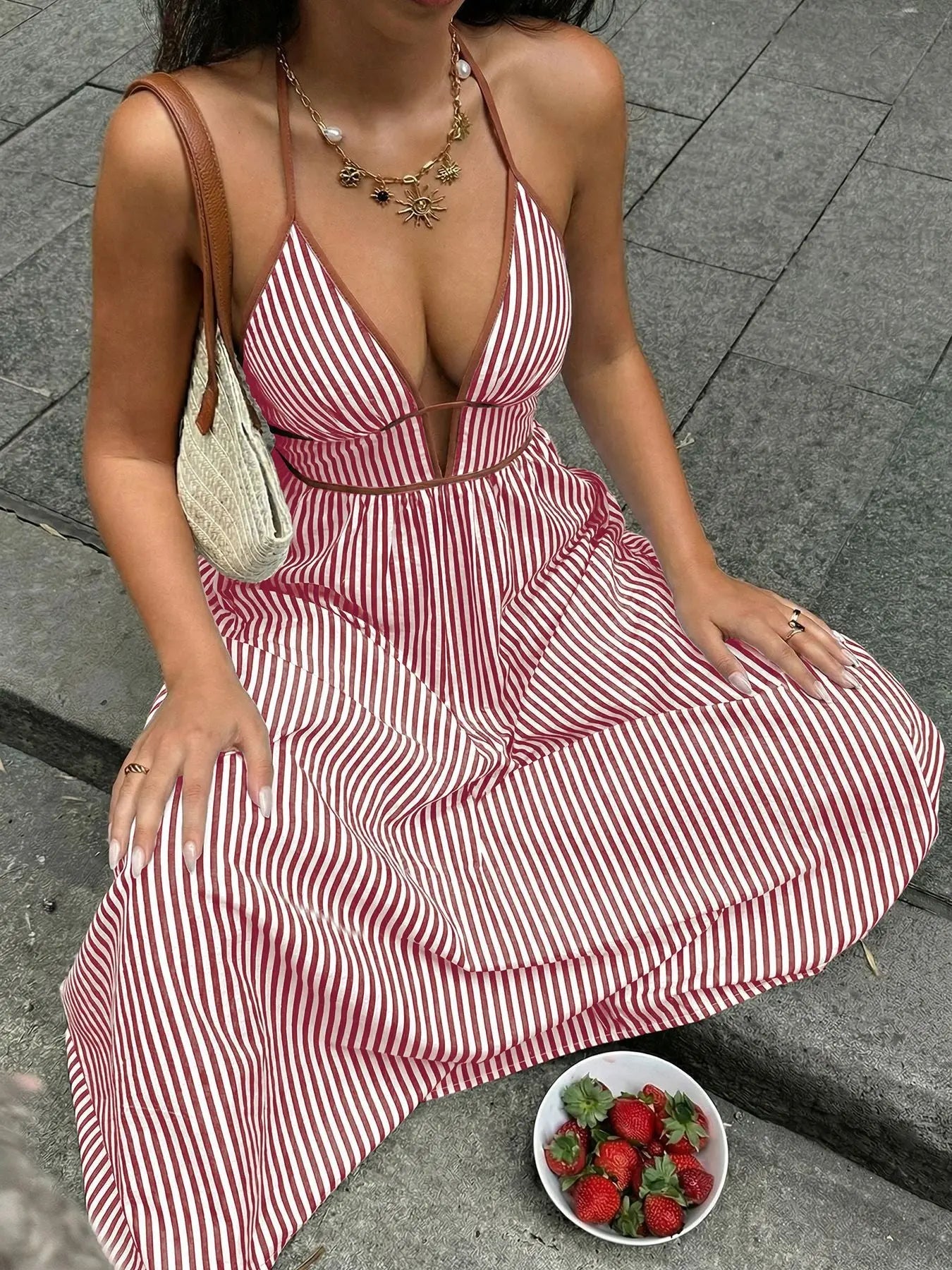 Striped Halter Neck Maxi Dress Smocked Tied Waist Polyester Blend Trendsi