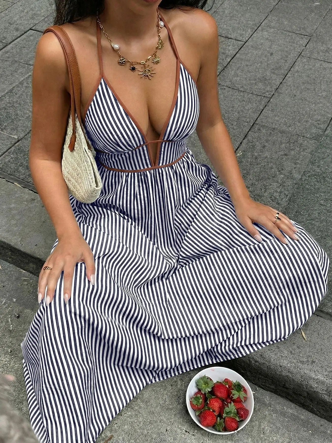 Striped Halter Neck Maxi Dress Smocked Tied Waist Polyester Blend Trendsi