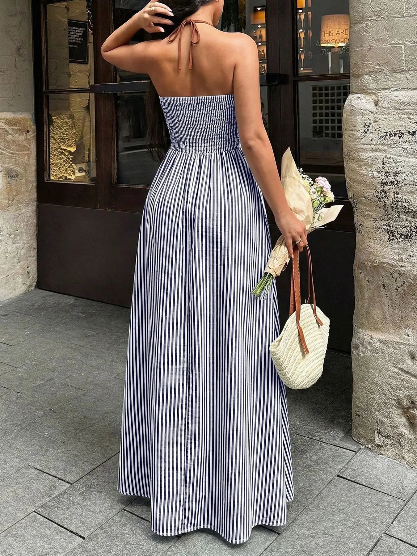Striped Halter Neck Maxi Dress Smocked Tied Waist Polyester Blend Trendsi