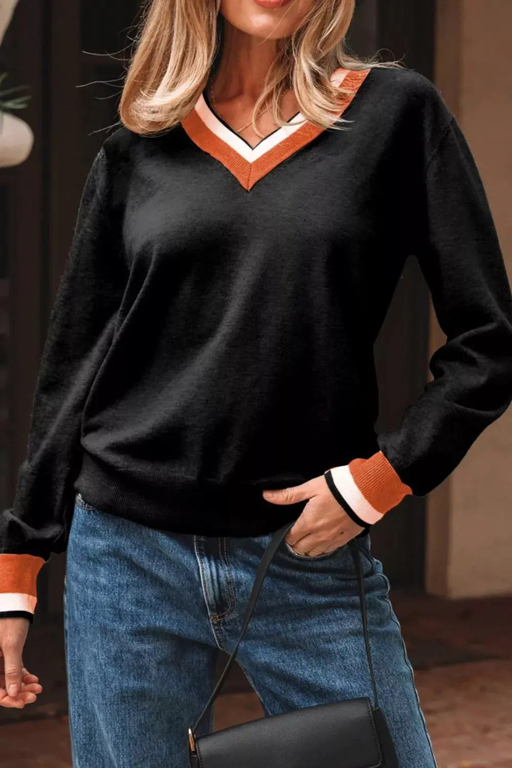 Striped Trim V Neck Varsity Sweater Trendsi