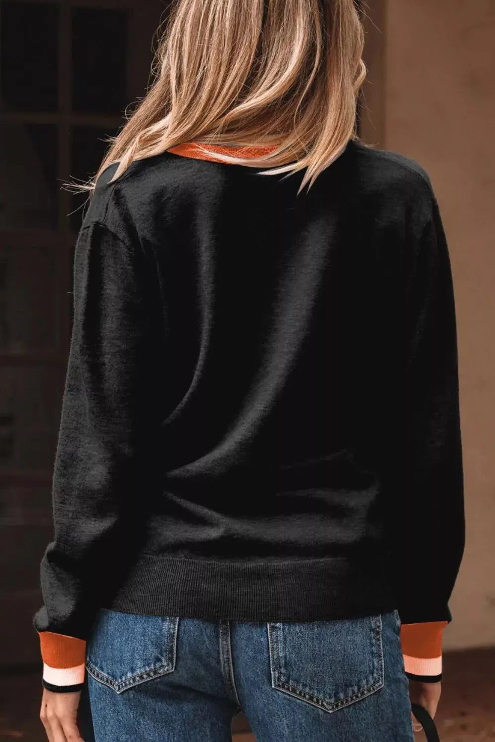 Striped Trim V Neck Varsity Sweater Trendsi