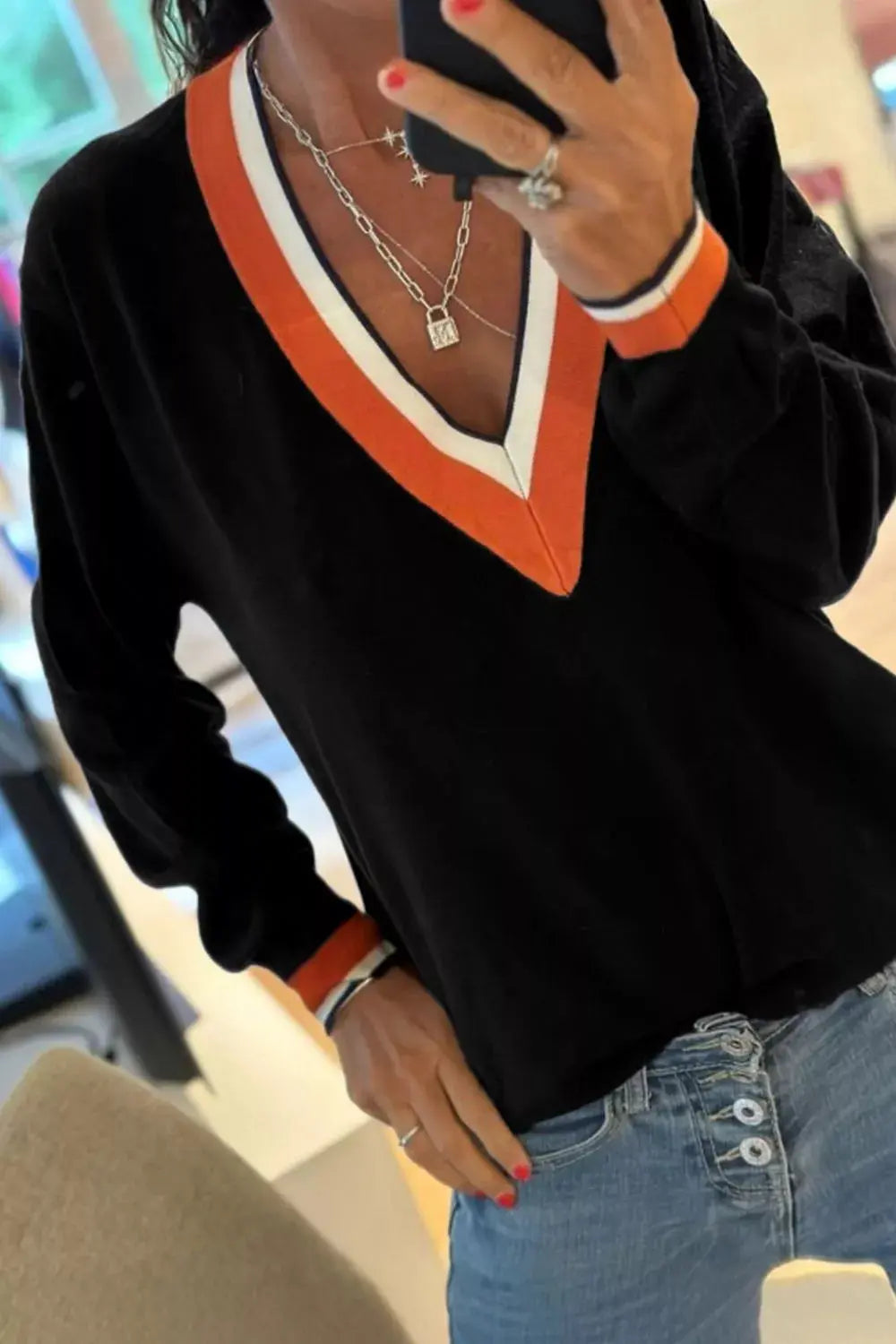 Striped Trim V Neck Varsity Sweater Trendsi