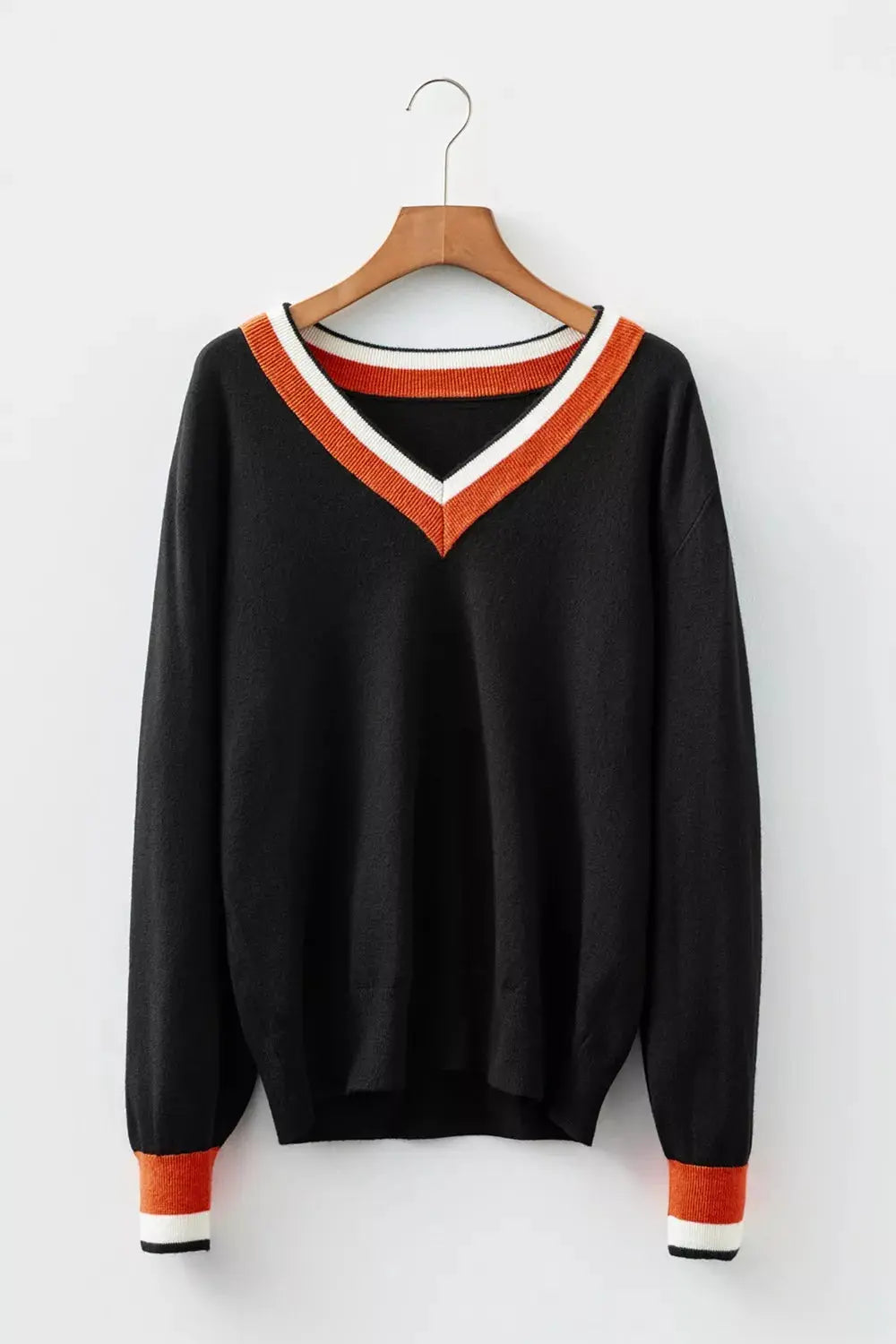 Striped Trim V Neck Varsity Sweater Trendsi