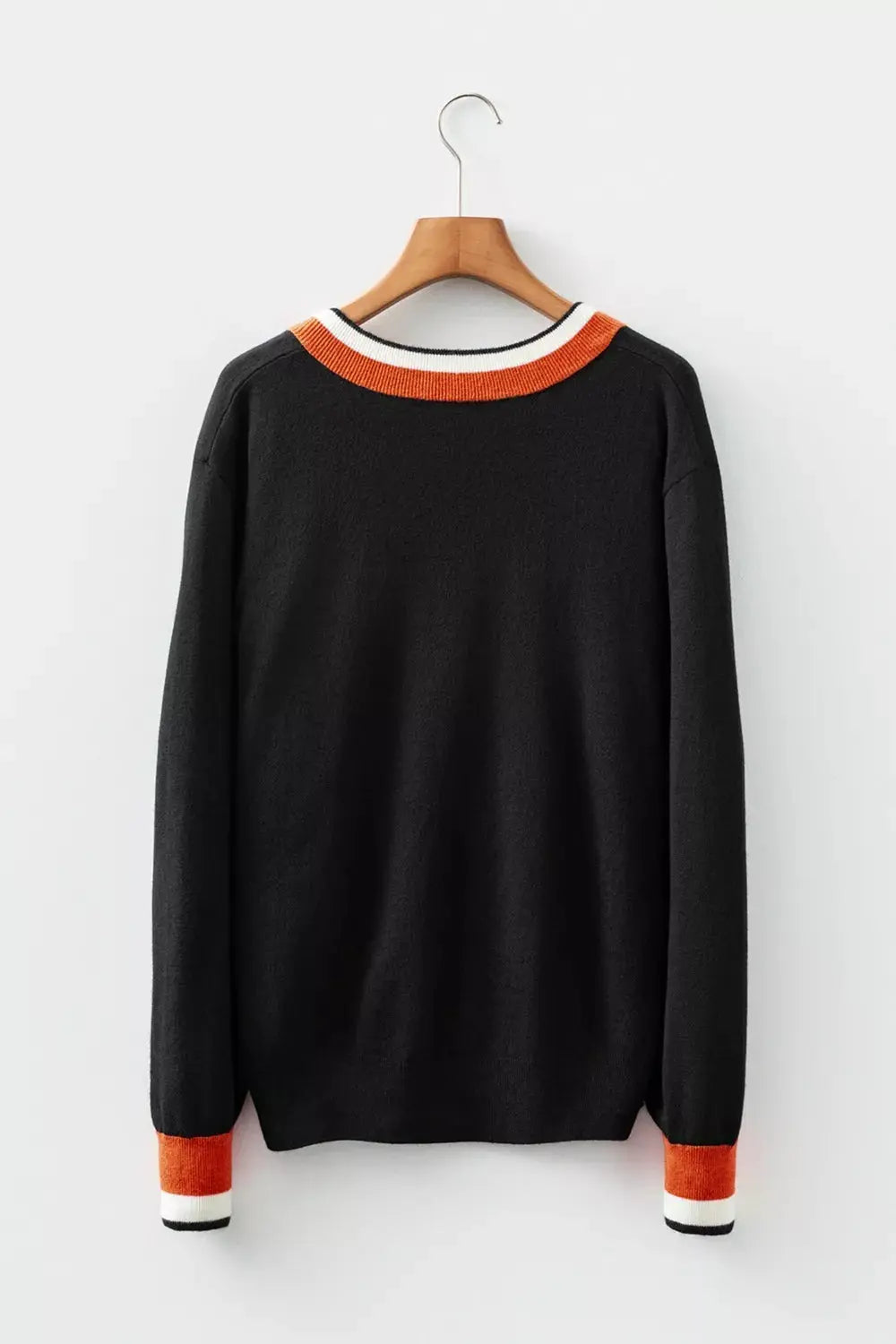 Striped Trim V Neck Varsity Sweater Trendsi