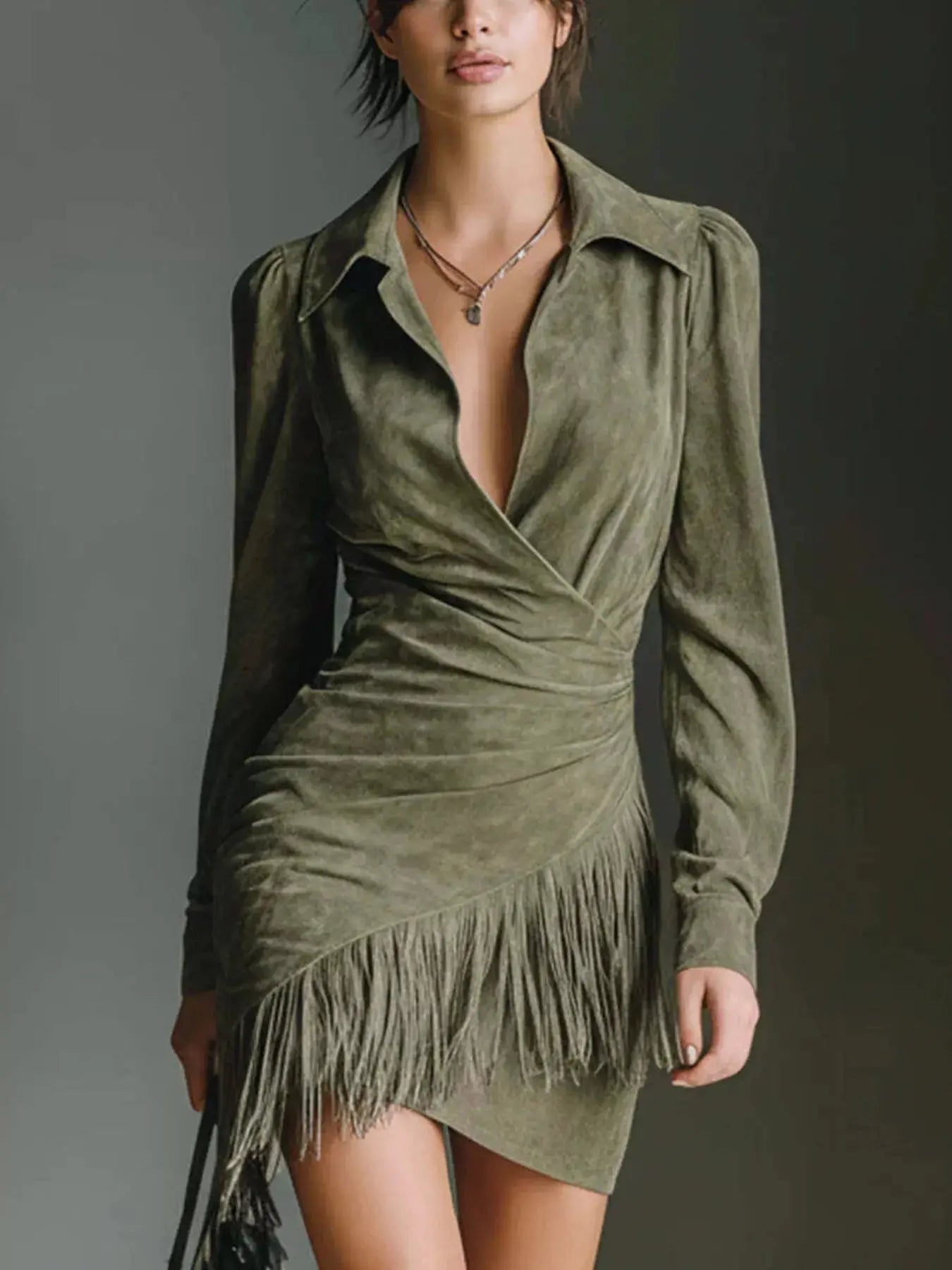 Suede Fringe Long Sleeve Dress Plus Size Trendsi