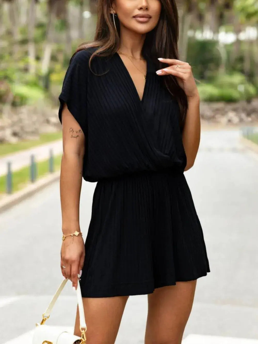 Surplice Short Sleeve Romper Trendsi