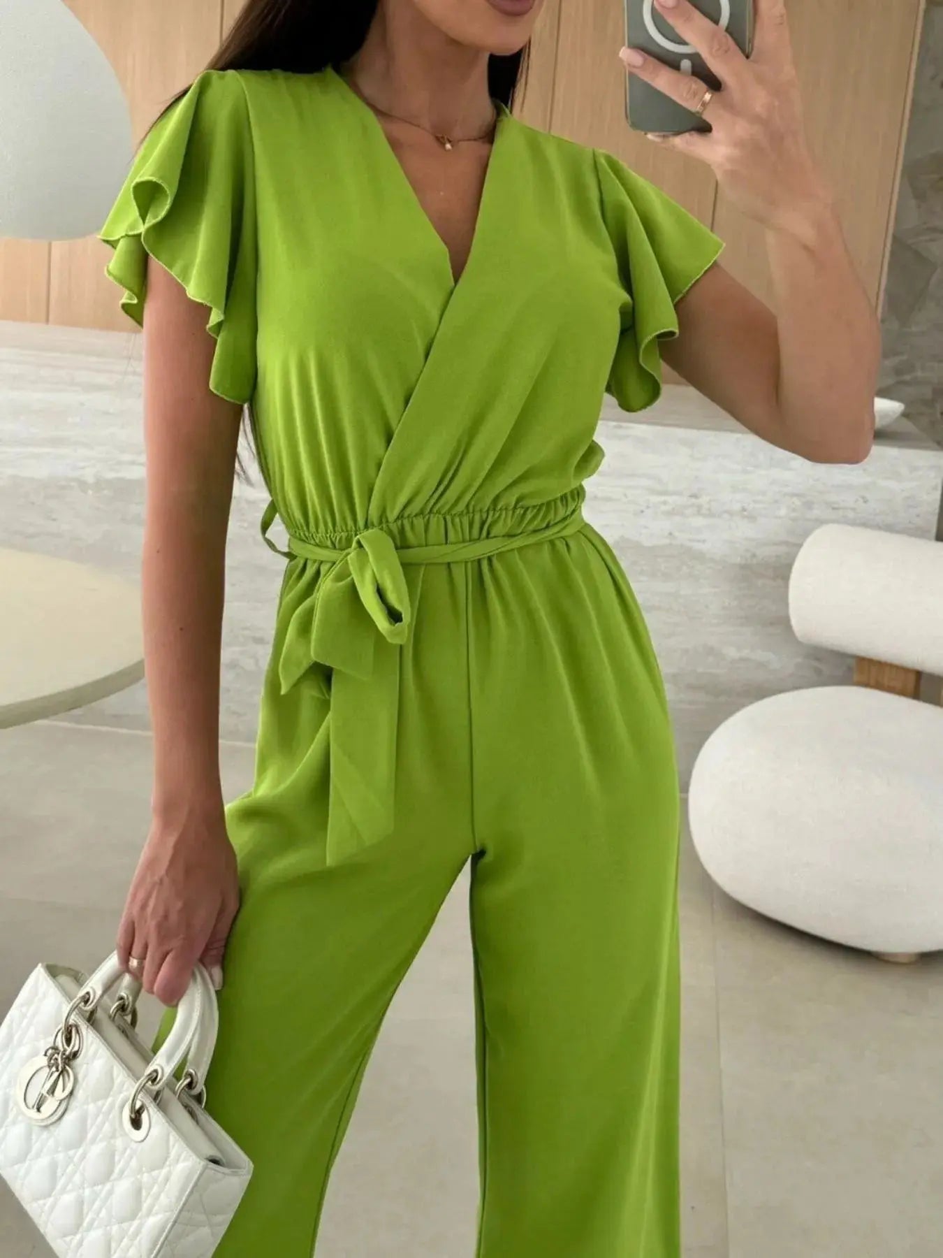 Surplice Wide Leg Belted Jumpsuit Trendsi
